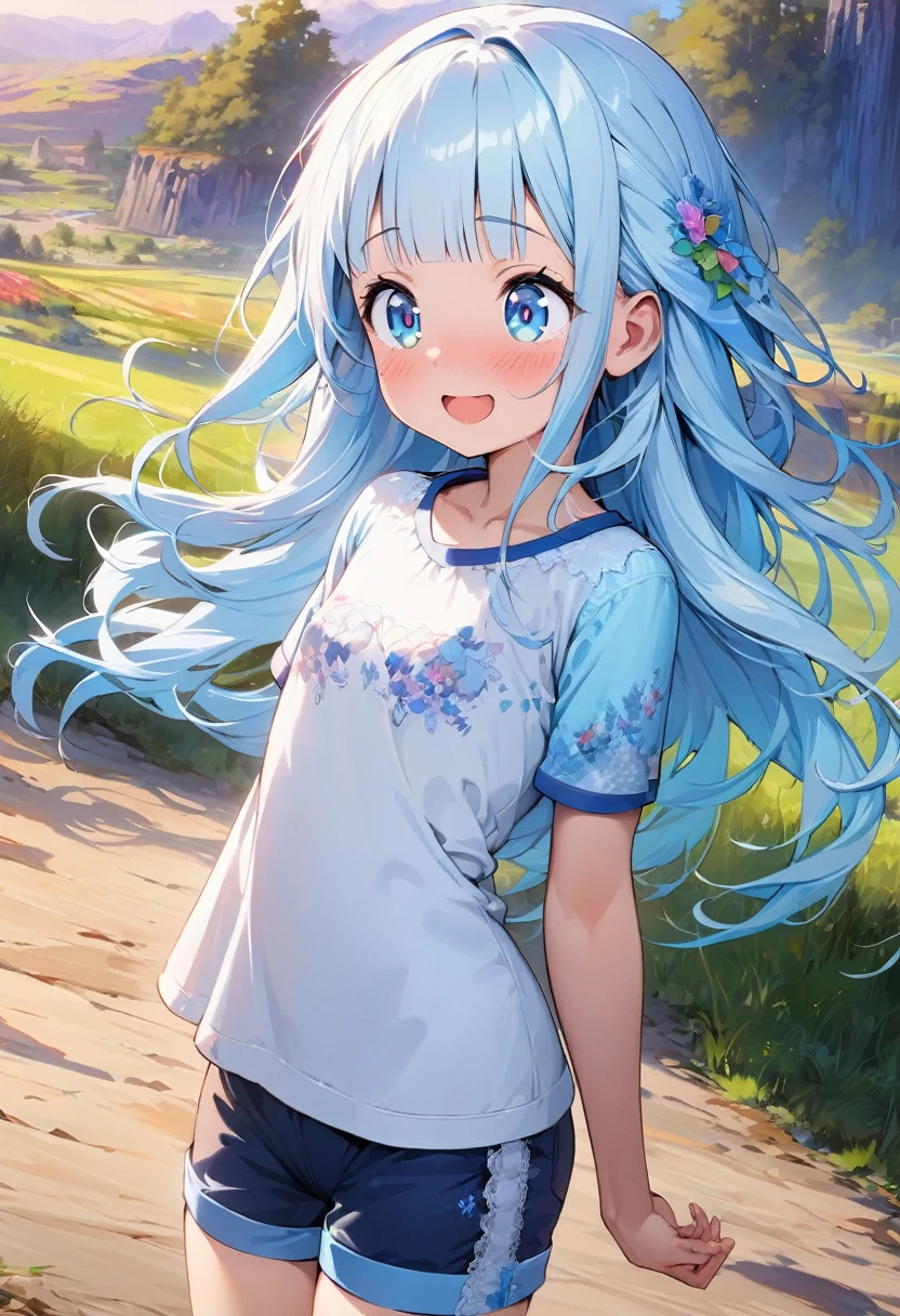 masterpiece, best quality, extremely detailed, (illustration, official art:1.1), 1 girl ,(((( light blue long hair)))), ,(((( light blue long hair)))),light blue hair, , long hair ((blush)) , cute face, big eyes, masterpiece, best quality,(((((a very delicate and beautiful girl))))),Amazing,beautiful detailed eyes,blunt bangs((((little delicate girl)))),tareme(true beautiful:1.2), sense of depth,dynamic angle,,,, affectionate smile, (true beautiful:1.2),,(tiny 1girl model:1.2),)(flat chest) ,(best quality,masterpiece,highres,detailed:1.2),perfect anatomy,shorts,,outdoor,arms behind back,excited,date,1girl,erotic,portrait,landscape,colorful lighting,emotive,romantic
,(((Short sleeve shirts, short shirts)))