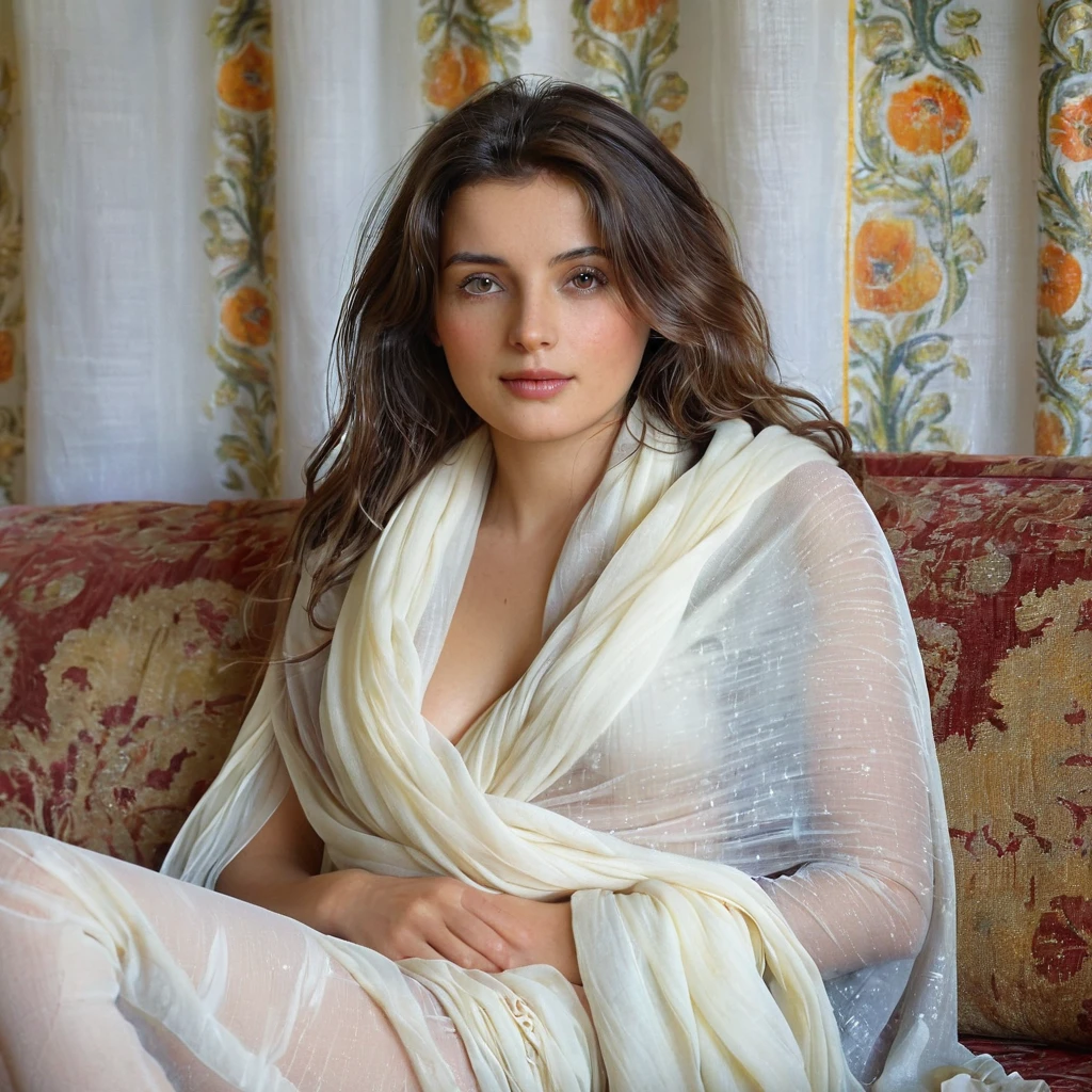 view strictly from the waist up, naked maha lies on a couch against the backdrop of a beautiful curtain, in the style of the Impressionists, a detailed face, the waist is covered with a white muslin scarf