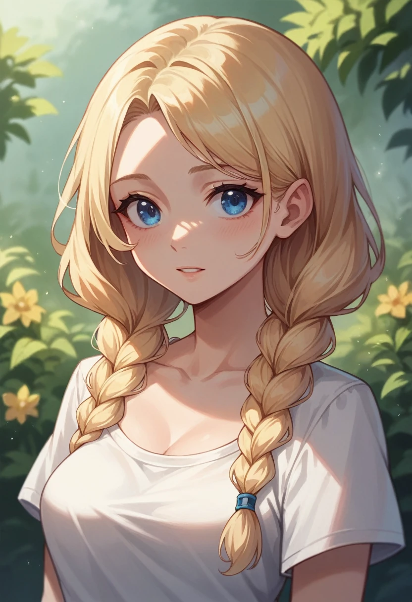 (masterpiece, best quality, ultra detailed, vivid colors, foreshortening, depth of field, fisheye lens) a young teen girl, beautiful, blonde, 2 braids, blue eyes, medium breasts, 

