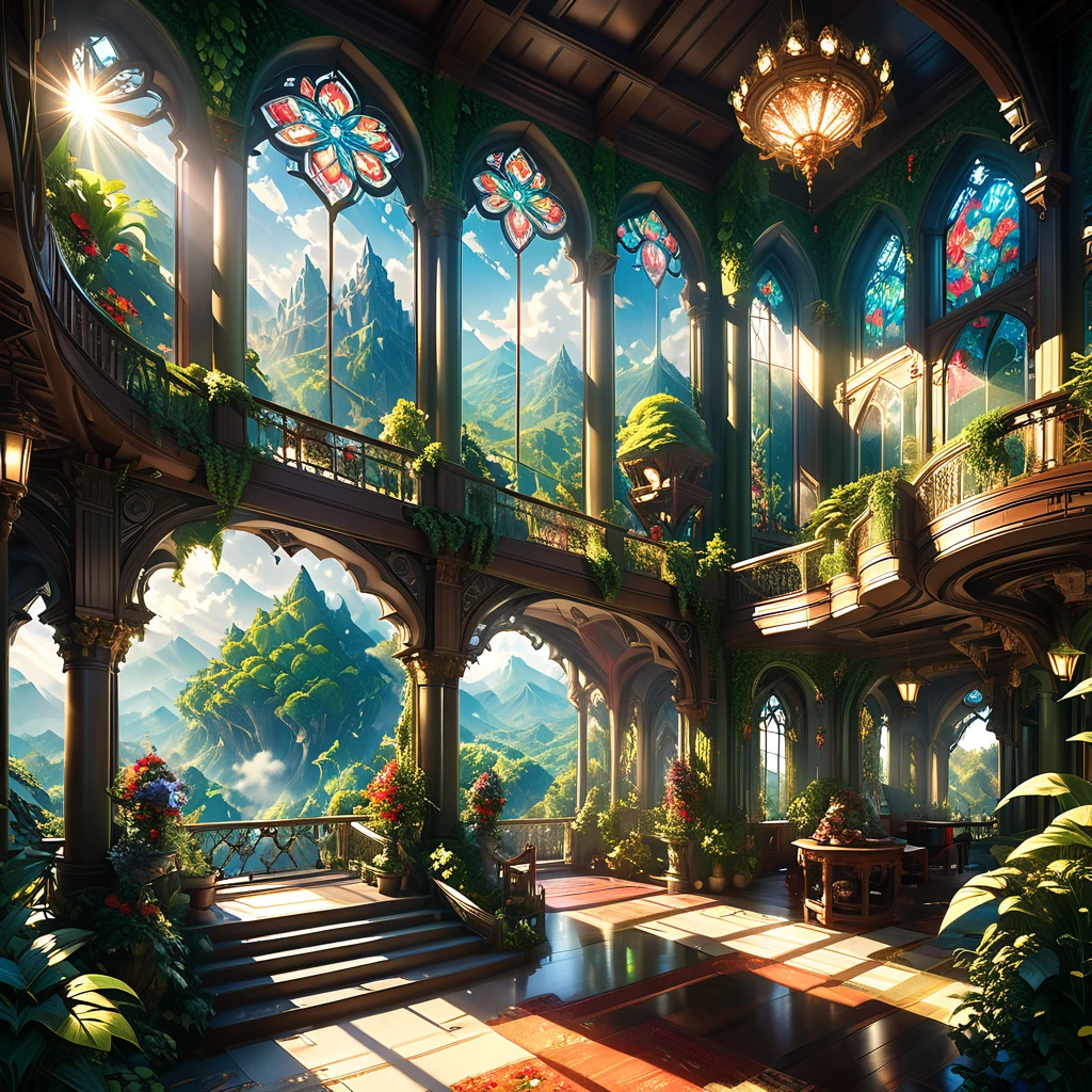 A magnificent palace in the sky, Huge telescope on the balcony, Splendid architecture, Very detailed, Exquisite carvings and decorations, Glowing Crystal, Sunlight shining through a stained glass window, Overflowing Gardens, Lush greenery, (Highest quality,4K,8k,High resolution,masterpiece:1.2),Very detailed,(Realistic,photoRealistic,photo-Realistic:1.37),Detailed lighting, Dramatic Shadows, Vibrant colors, Fantasy, Digital Art, Concept Art