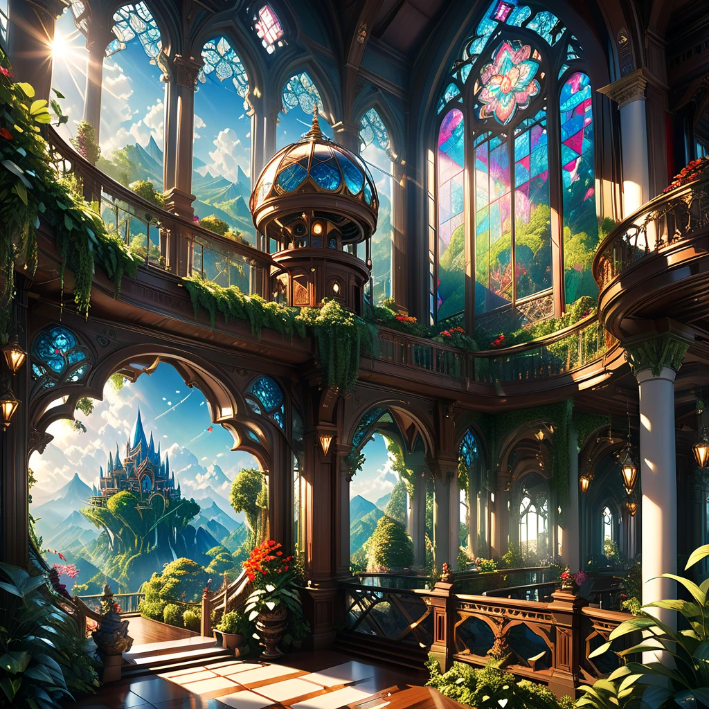 A magnificent palace in the sky, Huge telescope on the balcony, Splendid architecture, Very detailed, Exquisite carvings and decorations, Glowing Crystal, Sunlight shining through a stained glass window, Overflowing Gardens, Lush greenery, (Highest quality,4K,8k,High resolution,masterpiece:1.2),Very detailed,(Realistic,photoRealistic,photo-Realistic:1.37),Detailed lighting, Dramatic Shadows, Vibrant colors, Fantasy, Digital Art, Concept Art