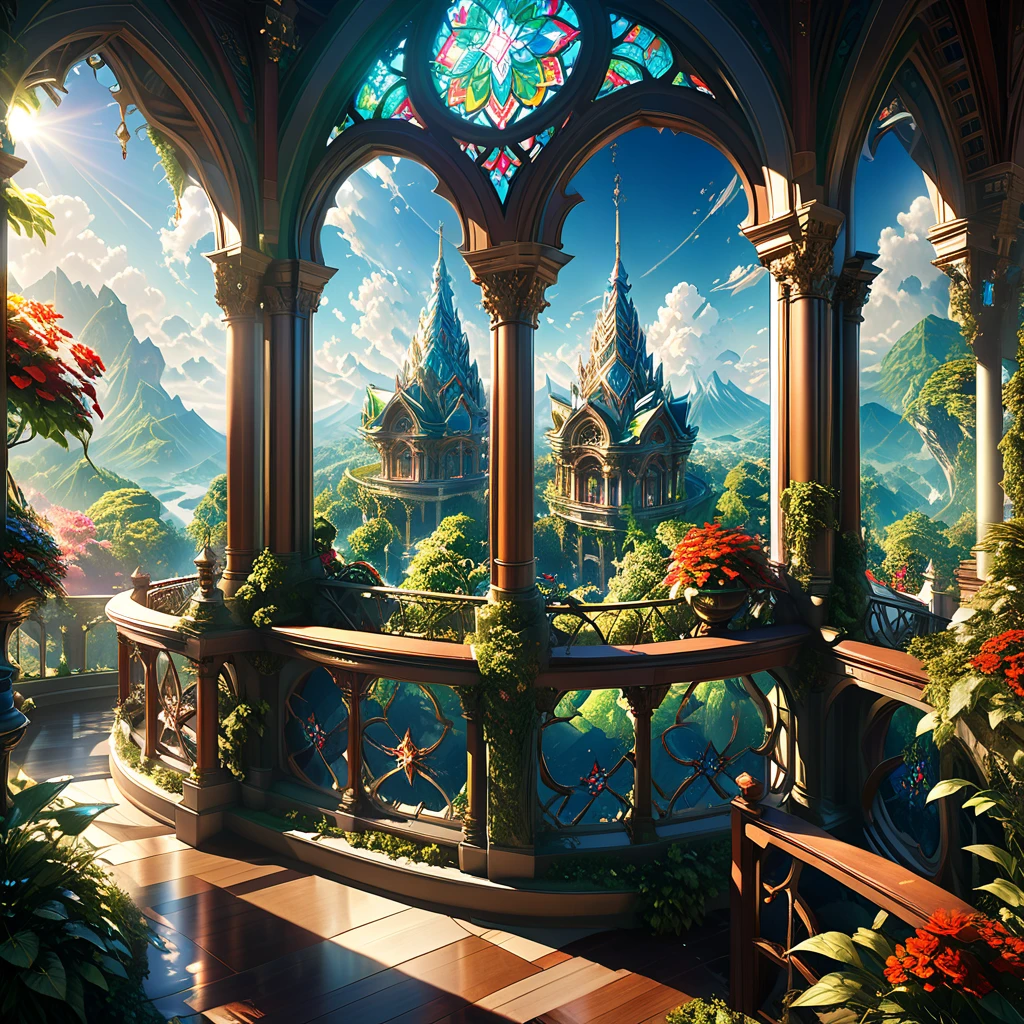 A magnificent palace in the sky, Huge telescope on the balcony, Splendid architecture, Very detailed, Exquisite carvings and decorations, Glowing Crystal, Sunlight shining through a stained glass window, Overflowing Gardens, Lush greenery, (Highest quality,4K,8k,High resolution,masterpiece:1.2),Very detailed,(Realistic,photoRealistic,photo-Realistic:1.37),Detailed lighting, Dramatic Shadows, Vibrant colors, Fantasy, Digital Art, Concept Art