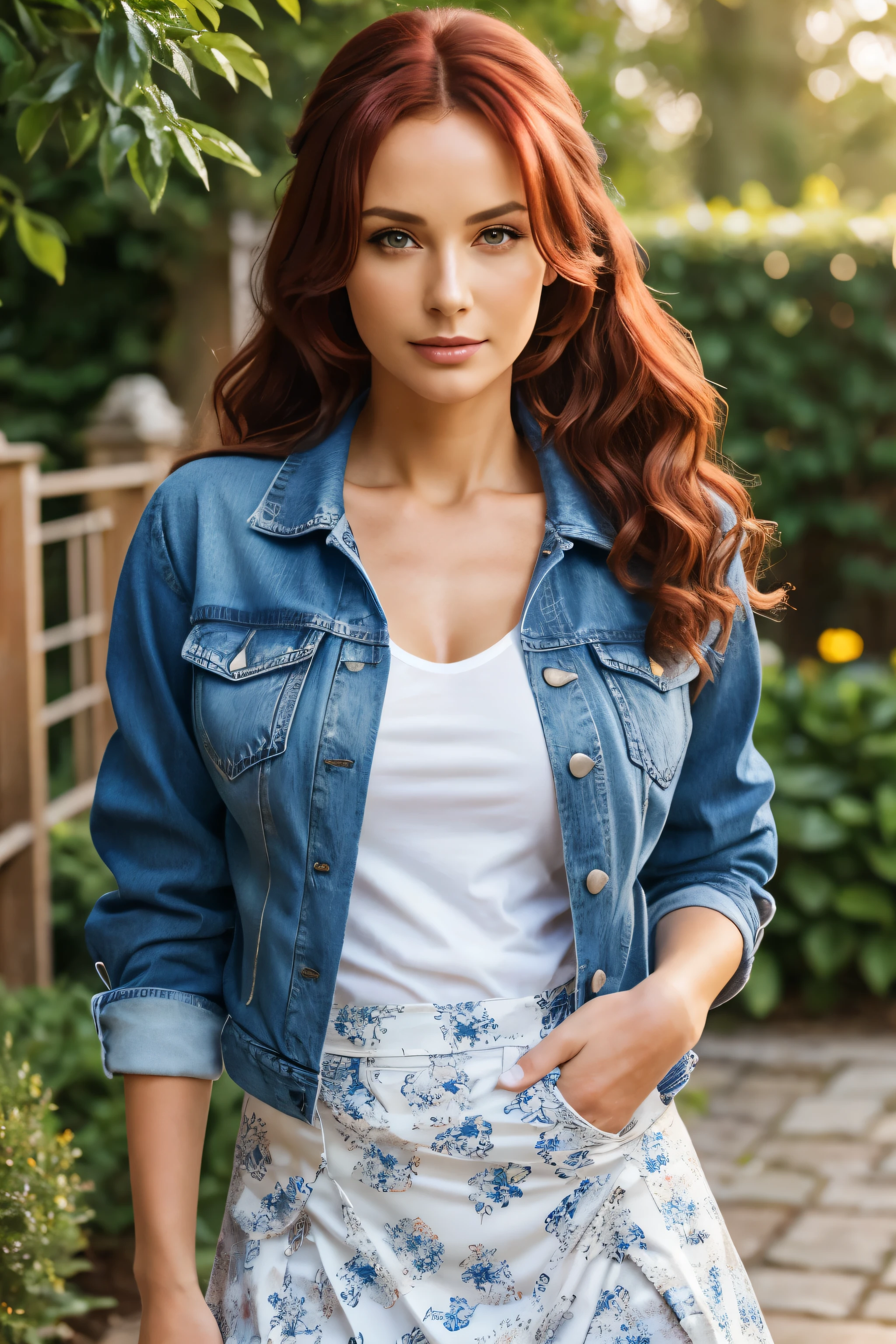 (mature woman:1.4), solo, Long curly hair, detailed eyes, open neckline, ((masterpiece)), (high quality), (best quality), (detailed), hd, perfect lighting, detailed face, detailed body
BREAK
red  hair
BREAK
garden, sunshine,
(wearing Blue denim jacket with a white t-shirt and printed skirt,black ponytails ):1.4,