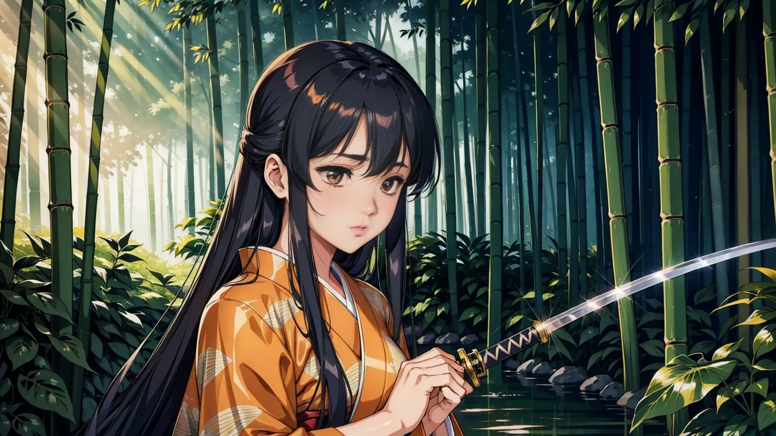 A female samurai in traditional Japanese attire traveling through a dimly lit bamboo forest. She has a determined expression on her face, with long, flowing black hair, and her hand resting on the hilt of her katana. The bamboo forest is dense, with tall, green stalks casting shadows. The scene has a mystical and serene atmosphere, with rays of moonlight piercing through the canopy, illuminating her path. Her kimono is detailed with intricate patterns, and the folds of the fabric are finely drawn, showing movement as she walks.