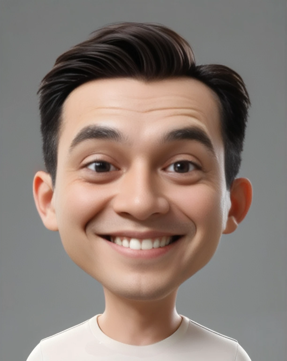 Create a 3D animation of a big-headed cartoon caricature. a 17 year old Indonesian woman beatiful. She has charming long straight black hair. His face is oval with smooth lines, thick and neat black eyebrows, normal eyes, a big nose, and thin lips with a wide, friendly smile. He wore a white shirt and carried a document in his hand. Gradient blue background with professional lighting. masterpiece, top quality, highly detailed skin and face, ultra-realistic, high definition, studio lighting, sharp focus, full body visible, Concept Art, 3D rendering.