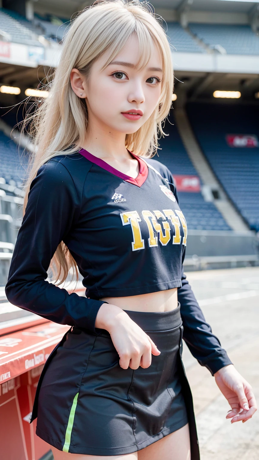 masterpiece, ultra high res, 8k, RAW photo, best quality, detailed shadow, amazing, finely detail, sharp focus, (standing naturally:1.5), (cowboy shot:1.3), (front view:1.5), (detailed and structured patterns:1.5), (looking at viewer:1.2), BREAK 1 girl, (18 years old:1.5), (large breasts:1), (ash blonde medium long hair:1.8), (bangs:1.2), (skinny:1.2), ((black purple yellow green)cheerleade:1.3), (very tight Long-sleeved tops that show your stomach:1.3), (Tight skirt with diagonal switching on the sides-cheerleade:1.3), (velor fabric-cheerleade uniform:1.3), (Uniform with a luxurious feel:1.3), (seductive smile:1.5), (open mouth:1.5), (stadium:1.4), (clear sky:1.3), (in the noon:1.2)