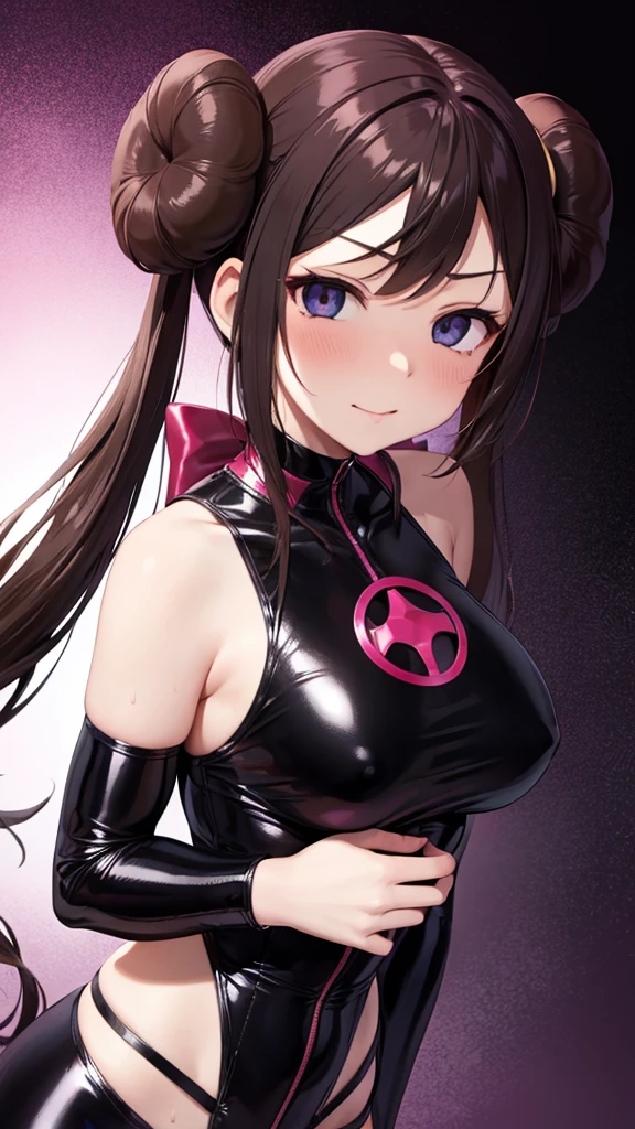 Erotic、Pokemon　May「Rose」、Twin tails and bun hair、No sleeve、Shoulder、Tall busty adult married woman, female executive in shiny purple rubber suit, red heart on black background, bedroom, dark theme, evil, fallen, temptation, excitement, condescending, sneer, sexy pose, upper body emphasis, angle from below, bat wings, black skin, straddling