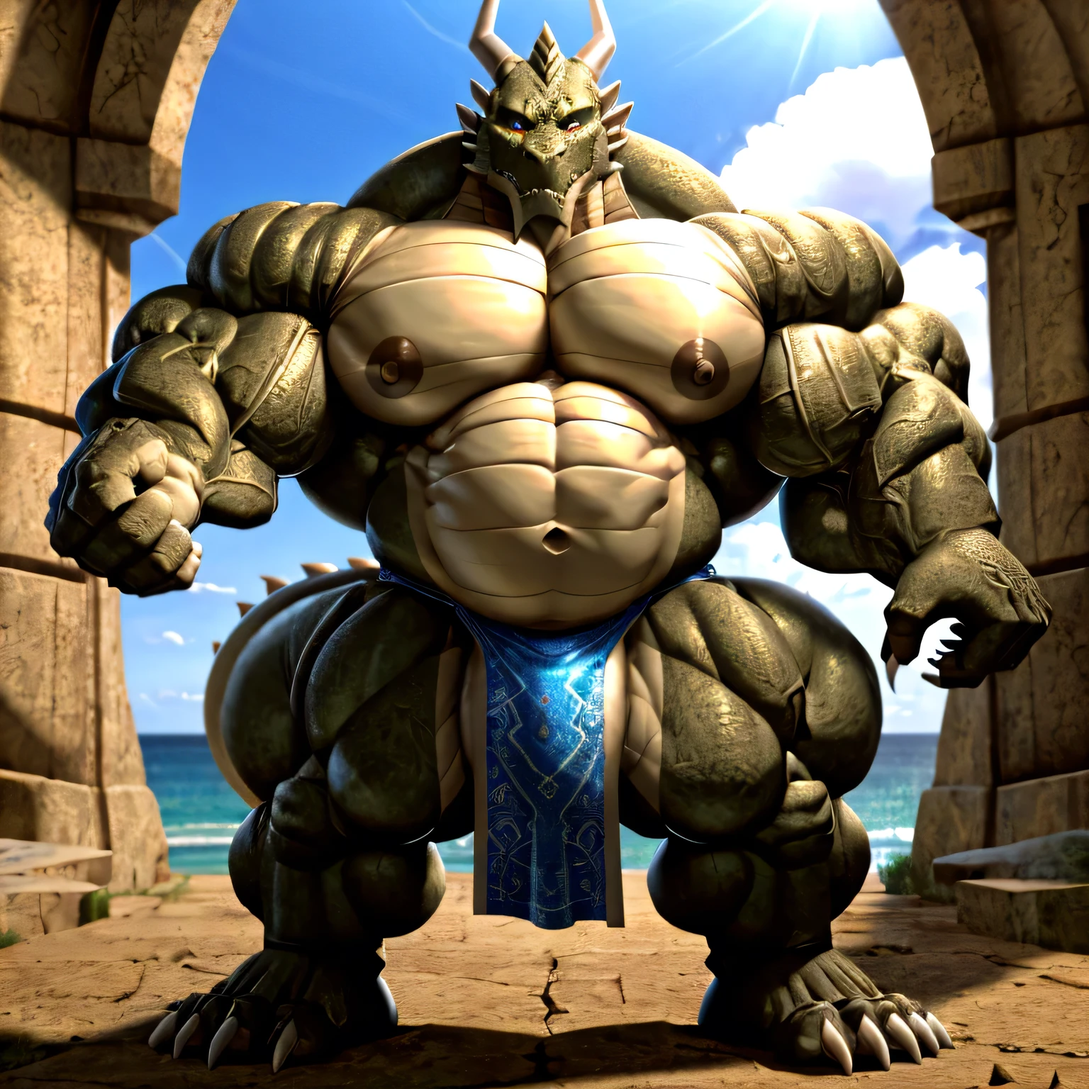 shendu, the dragon slayer, eastern dragon warrior, male dragon, hefty body, with very big muscles, hulking, huge, colossal body, extremely strong, huge abdominal muscles, hefty abs, pecs, plump big muscle abs, Strong and robust muscle abs, daddy body muscle-gut abs, massive prominent muscle abs, sharp claws, legs, feet claws, full body, loincloth, nipples, 4k, best quality.