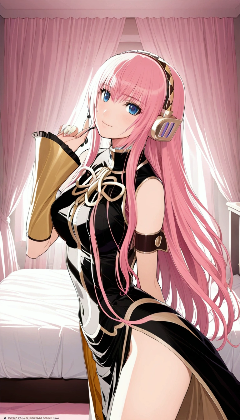masterpiece,Detailed and beautiful depiction 1.1,Official Art,Beautiful adult woman ,Megurine Luka,Megurine Lukaの公式衣装,headphone,Black and gold costume,Pink long hair,blue eyes,smile,Bedroom