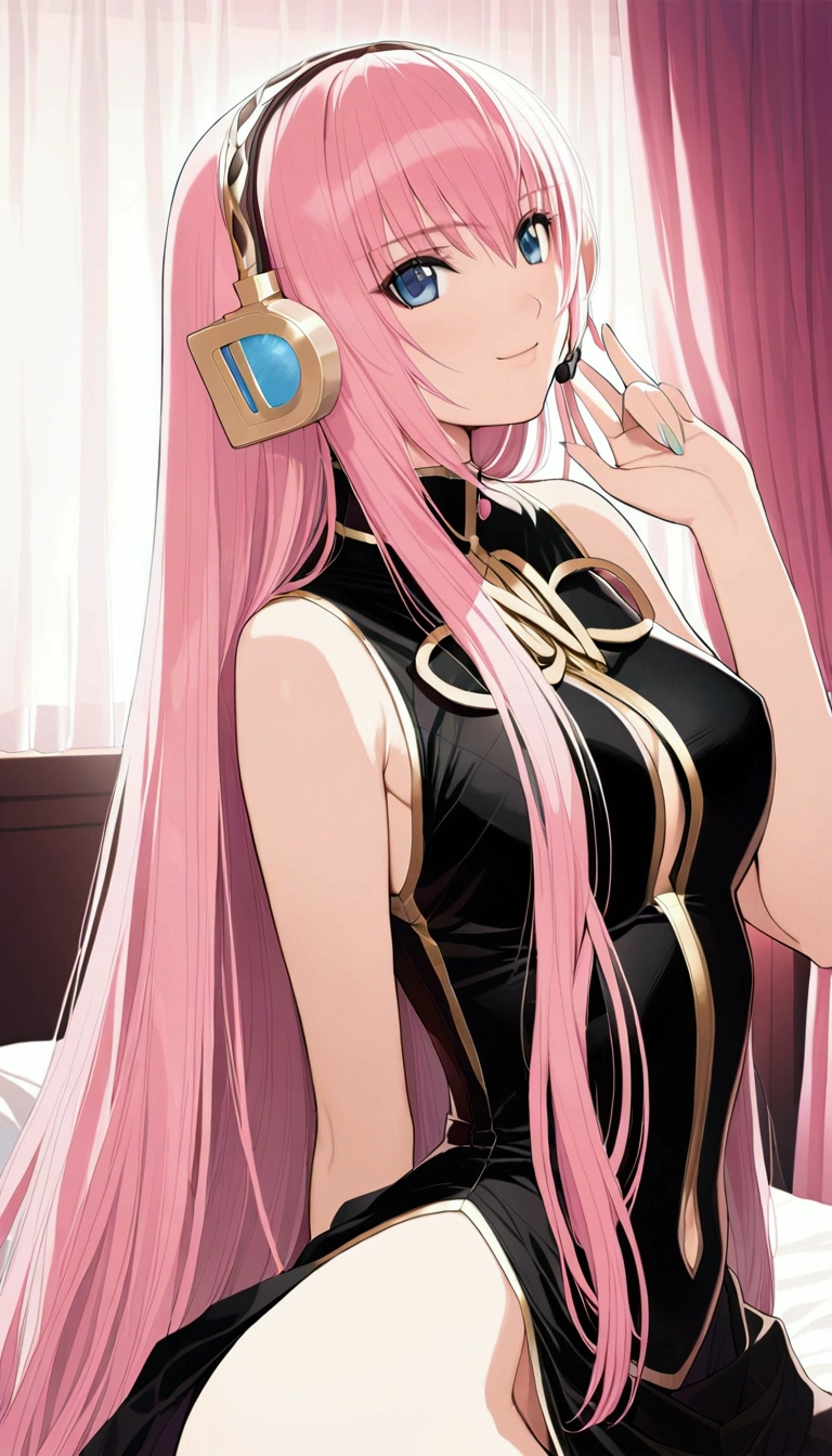 masterpiece,Detailed and beautiful depiction 1.1,Official Art,Beautiful adult woman ,Megurine Luka,Megurine Lukaの公式衣装,headphone,Black and gold costume,Pink long hair,blue eyes,smile,Bedroom