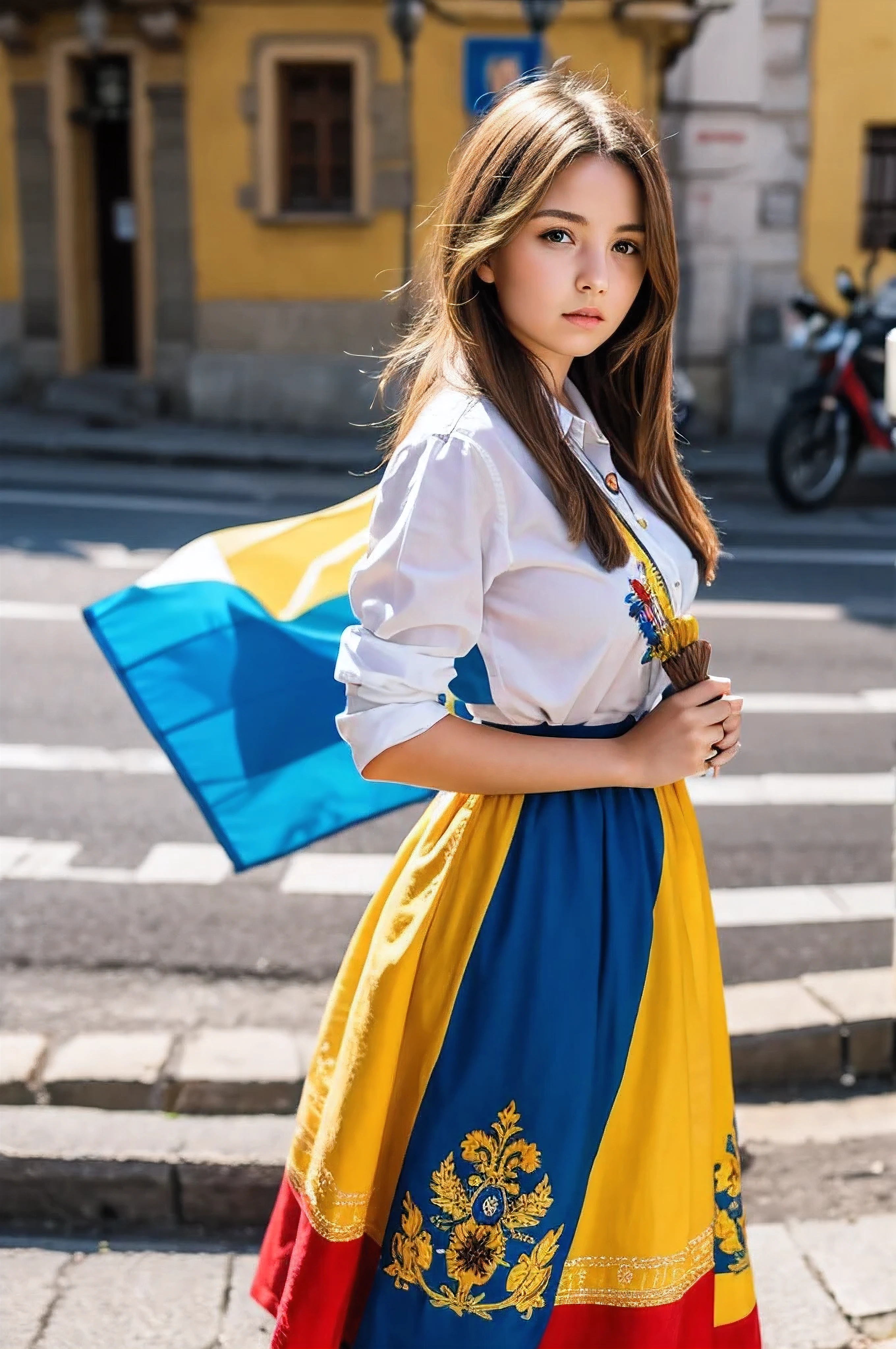 Shot of a stunning woman standing proudly on a vibrant street in Lviv, Ukraine. She's sans glasses, her light hair blowing gently in the breeze. Her eyes shine bright as she holds two Ukrainian flags, one in each hand. She wears a traditional embroidered shirt, a pop of color against the cityscape. The warm sunlight casts a golden glow, highlighting the textures of her clothing and the flags' bold colors.