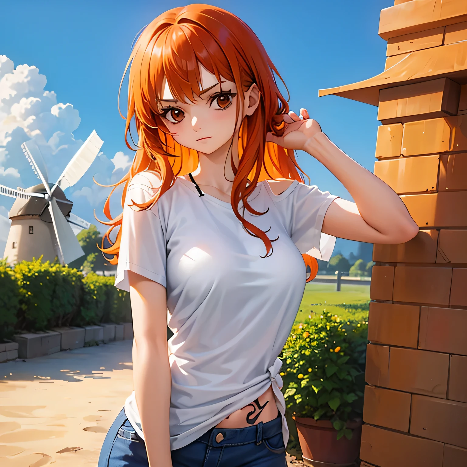 cute,round and brown eyes、Orange Hair Color、Very good、Straight mid-length hairstyles、Feeling of tightness in the stomach、Tattoo of a windmill on the left shoulder、Wear a white T-shirt、Wearing denim、Embarrassing