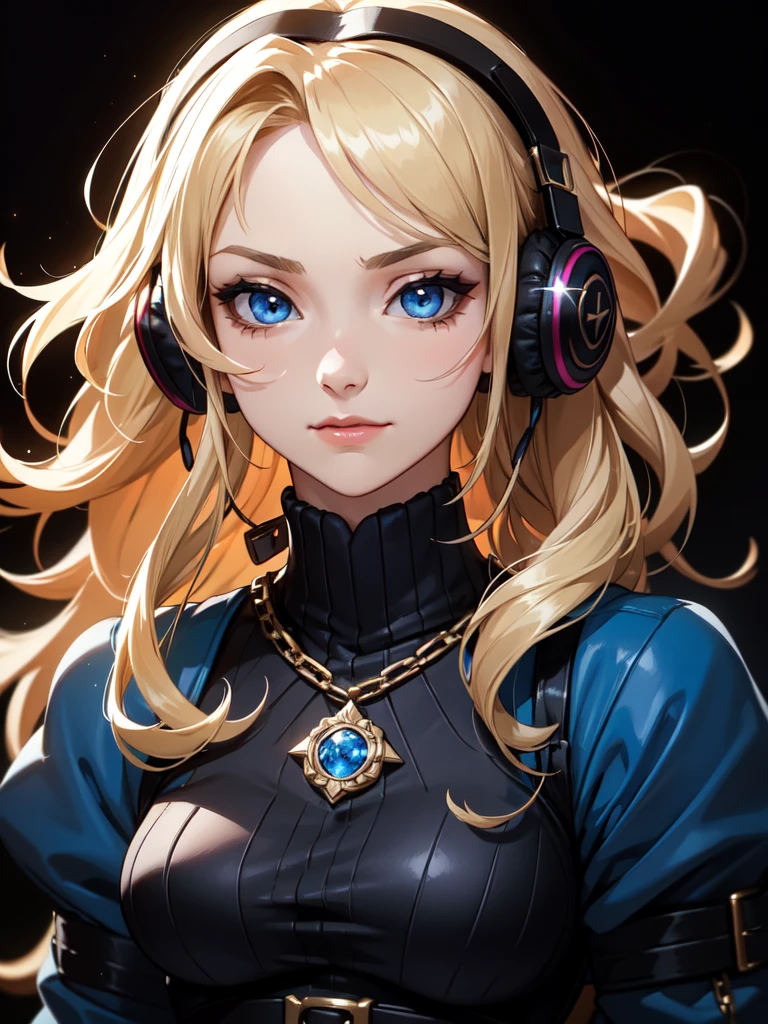 (((Portrait Photo))), She has a Strong, Youthful 18-Year-Old Appearance, with a Slim, Athletic Build, and an Austere Demeanor. She has Short, Wavy Blonde Hair, Styled in a Chic, Loose Bob, with Strands Falling Over Her Face. Her Striking Blue Eyes Sparkle with Elegance, Giving Off a Calm and Friendly Attitude. She Wears a Black, Fitted Outfit with Chains and Belts as Accessories, and Large Headphones on Her Ears. (((High Quality, Dark Background))), (((Portrait Photo)))