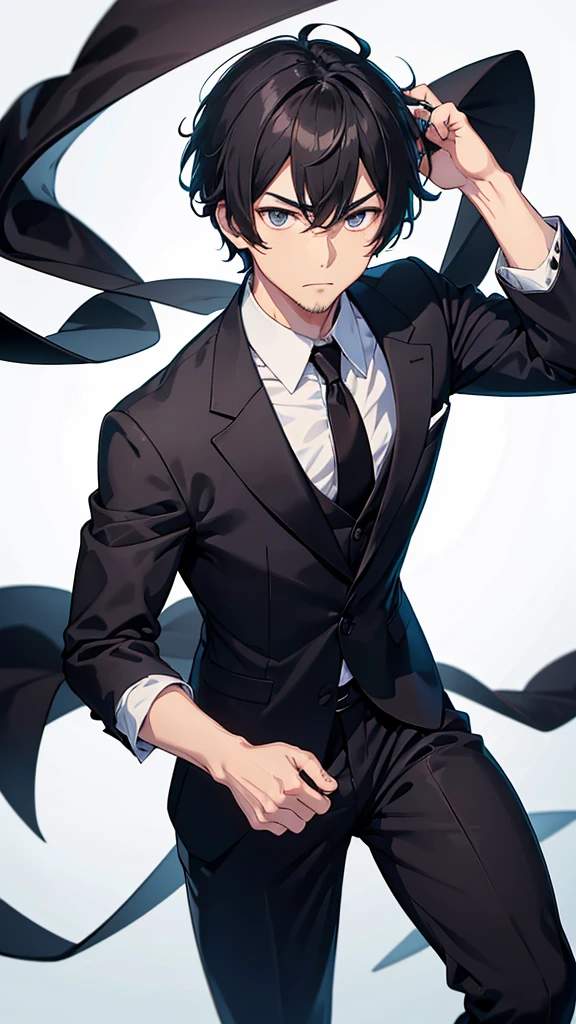 male、32 years old、less beard、Tired face、Glaring eyes、Long bangs parted、Shot from the thigh up、Are standing、looking at the camera、Black suit、Plain white background、Single、Japanese salaryman、Simple poses