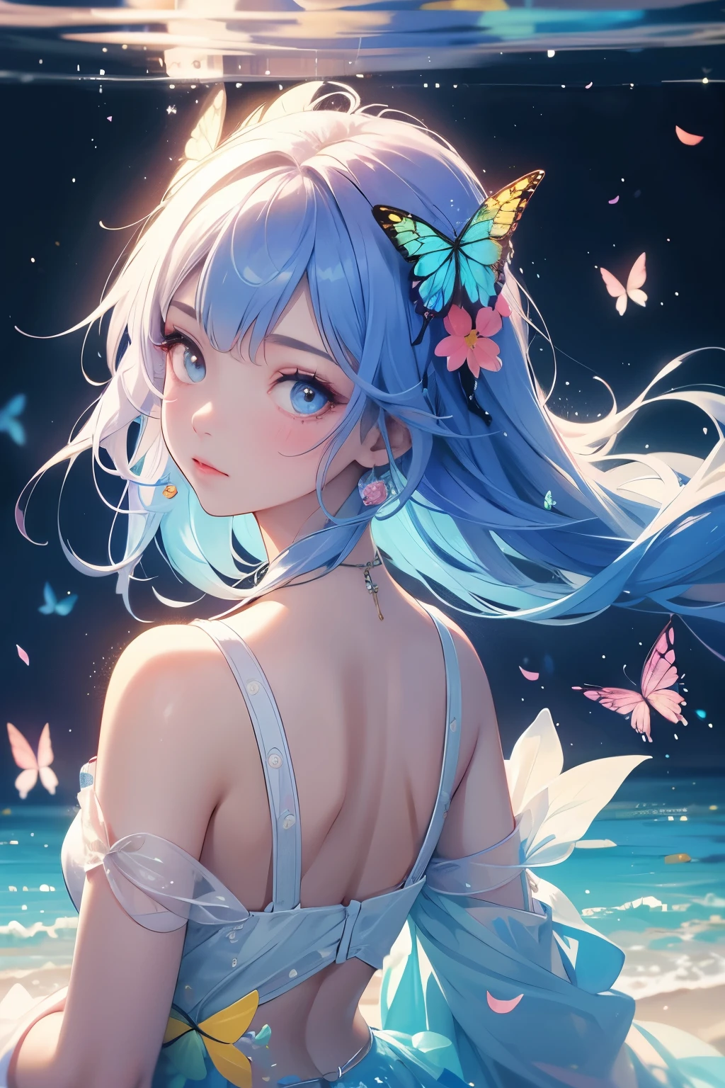 cute women with rainbow hair, multicolored butterflies, water, colorful blossoms