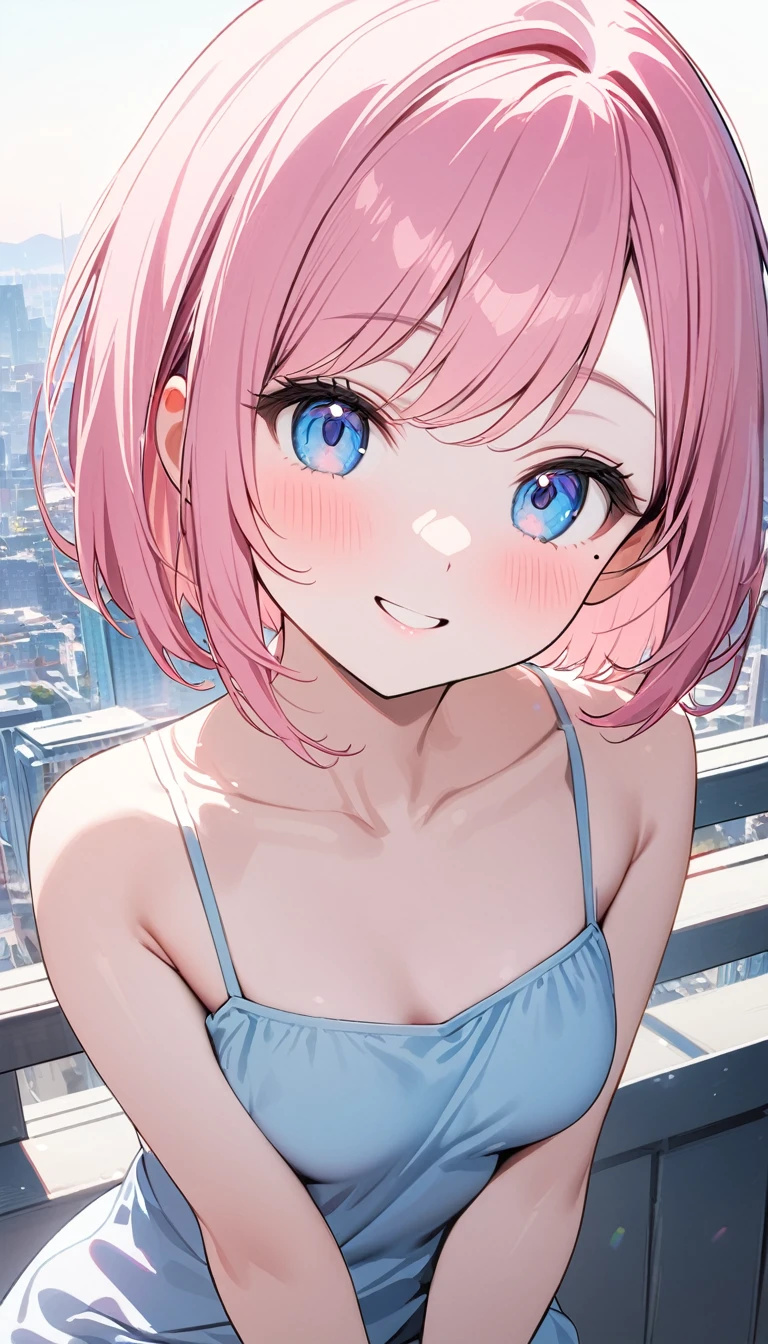 (1 girl),(Best Picture Quality, 8K, Masterpiece:1.3), (high school student:1.5), ((pink lob hair:1.1)), (bob cut),(swept bangs), (cute eyes, pupil black, iris skyblue, youthful face), (mole under right eye), (standard weight), (small breasts), (glistening skin:1.1),(pale skin:1.2),((Minimalist fashion)),((City)),(magnificent view),(Smile).