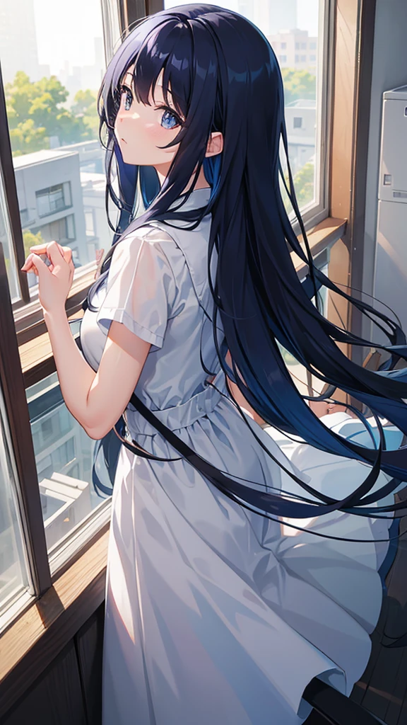 High resolution, One girl, Long Hair, The tips of the hair are blue、Looking up from the window、Back view、Black Hair、