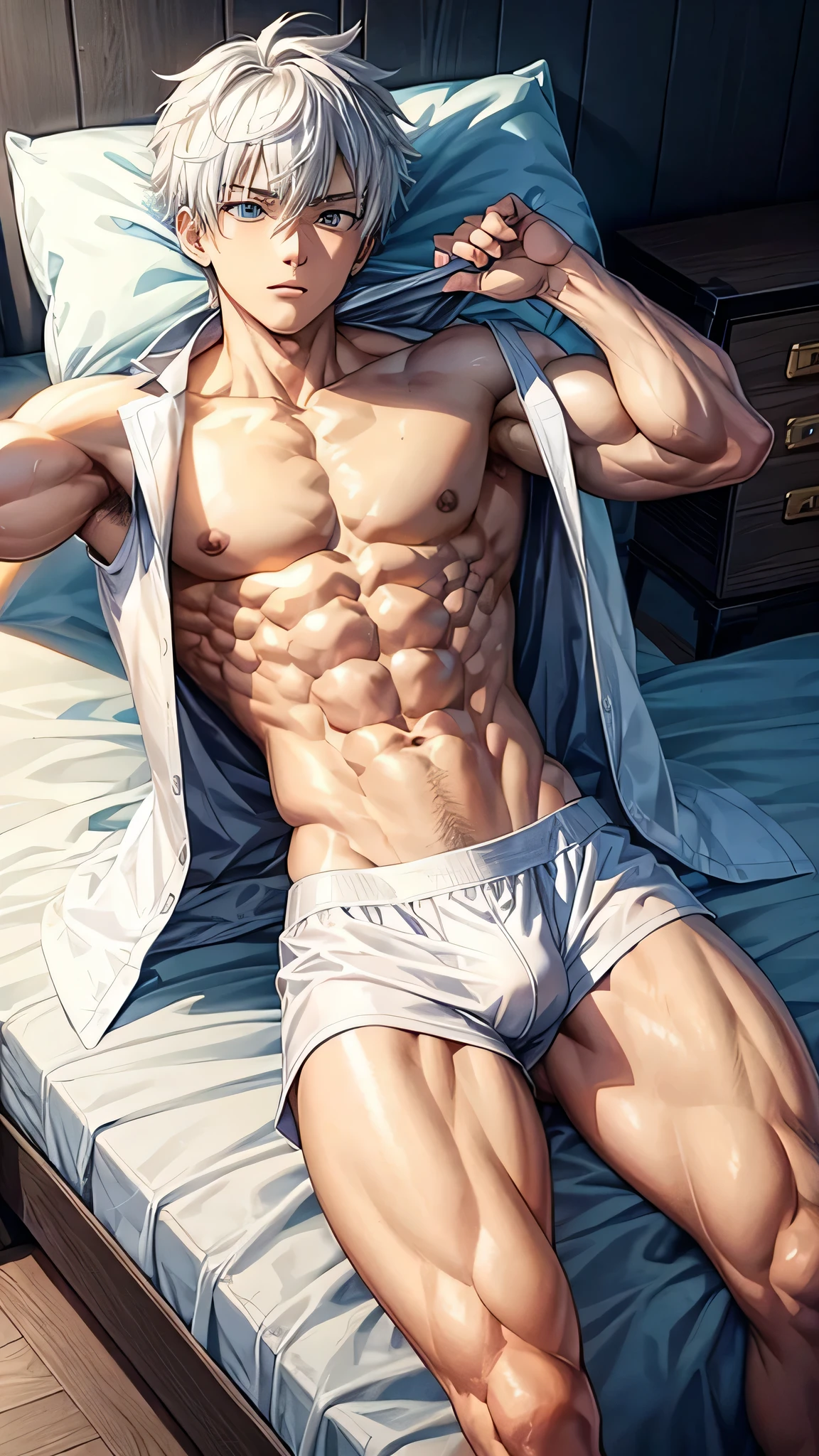 Anime guy about 16 without outerwear. Muscular with 6-pack abs and back. With white hair. Lying on the bed. 