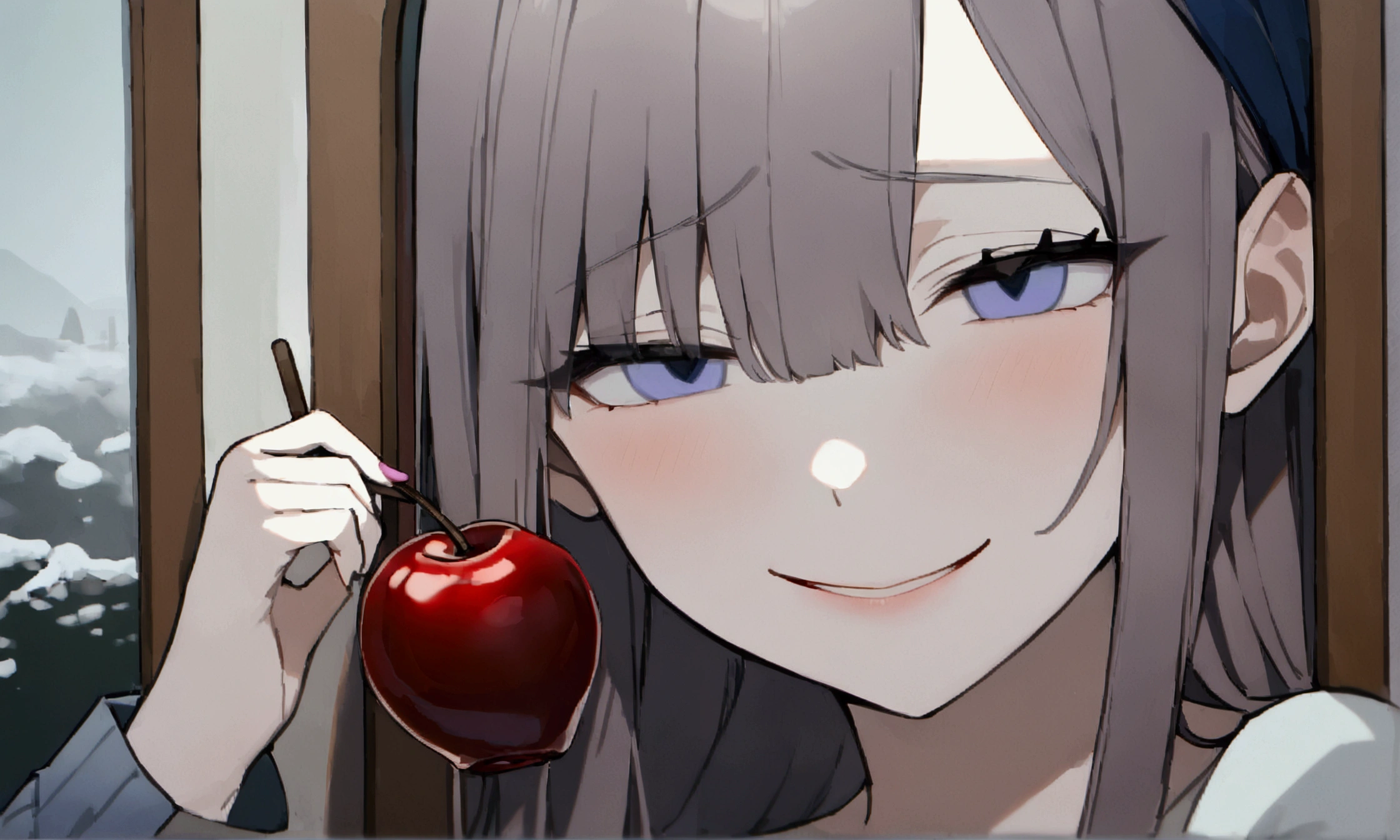 (masterpiece:1.2, Highest quality), (snow white:1.3), 1 female, whole body, casual, Minimal makeup, pale,Natural materials, Close-up face, (Wicked Smile:1.3), Bright Eyes,Hearts in the Eyes ,8K high resolution, Fine Lines, ((whole body)), (have a poison apple:1.2),(Girl putting on makeup in front of a mirror:1.3) , (机の上にsnow whiteの絵本が置いてある:1.3)