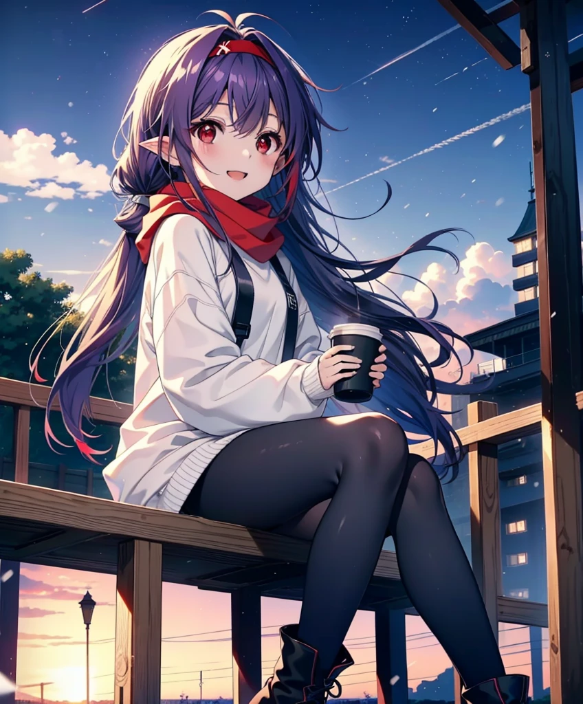 yuukikonno, Konno Yuuki, Long Hair, Pointed Ears, Purple Hair, (Red eyes:1.5), (Small breasts:1.2), Open your mouth,happy smile, smile, Open your mouth,hair band,low twin tail,Red Scarf,Oversized purple hoodie,Long skirt,Black pantyhose,short boots,Holding a paper cup of coffee in both hands,Sitting on a bench,snowが降っている,snowが降り積もっている,snow,snow,snow,snow,snowが積もった木,winter,Cold Sky,night,whole bodyがイラストに入るように,
break looking at viewer,  whole body,
break outdoors, garden,
break (masterpiece:1.2), Highest quality, High resolution, unity 8k wallpaper, (figure:0.8), (Beautiful attention to detail:1.6), Highly detailed face, Perfect lighting, Highly detailed CG, (Perfect hands, Perfect Anatomy),