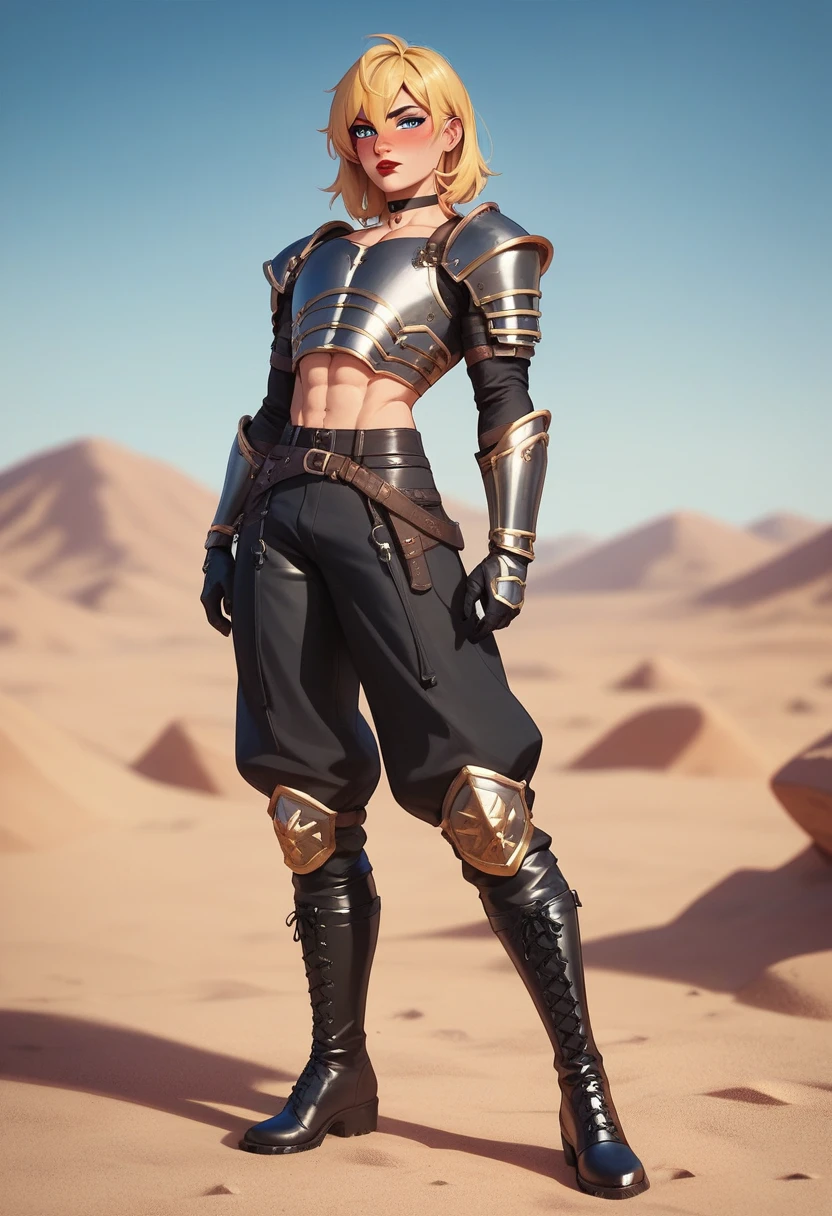 1boy, soldier, solo, black eyeliner, male medium length hair, medium hair texture, yellow hair, handsome, blue eyes, black choker, black clothes, black armour, black long boots, desert, red lipstick, femboy, blush, thin waist,
