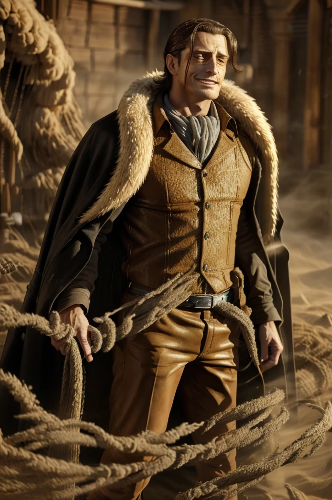 masterpiece, best quality, extremely detailed, hyperrealistic, photorealistic, a cool 40s man, ultra detailed face:1.2, fur-trimmed coat, scarf around the neck, his left hand is a golden pirate hook:1.1, sly smile, in sandstorm