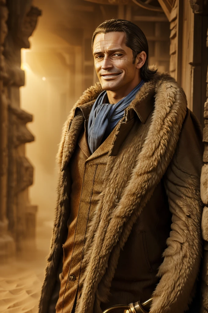 masterpiece, best quality, extremely detailed, hyperrealistic, photorealistic, a cool 40s man, ultra detailed face:1.2, fur-trimmed coat, scarf around the neck, his left hand is a golden pirate hook:1.1, sly smile, in sandstorm
