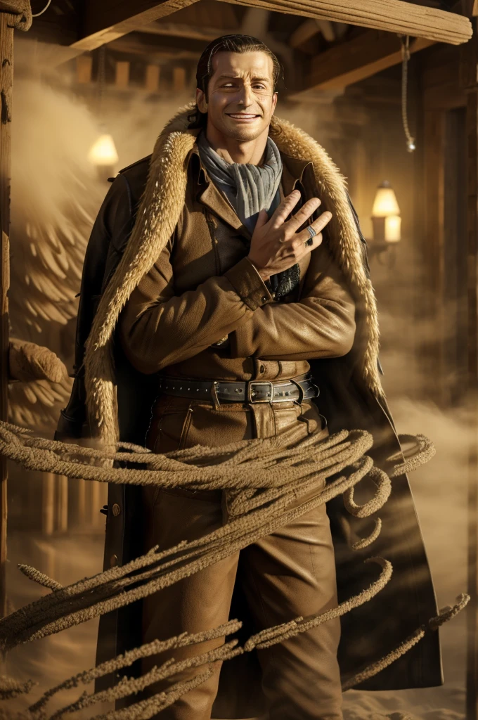 masterpiece, best quality, extremely detailed, hyperrealistic, photorealistic, a cool 40s man, ultra detailed face:1.2, fur-trimmed coat, scarf around the neck, his left hand is a golden pirate hook:1.1, sly smile, in sandstorm
