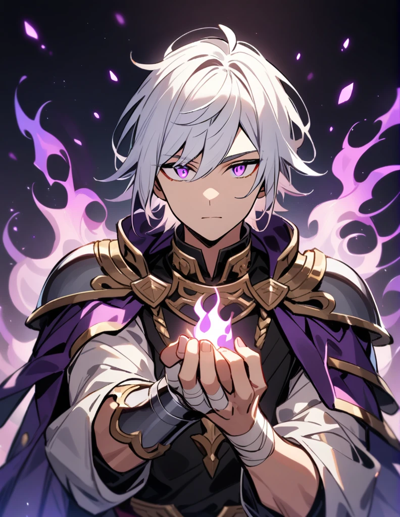 Greek boy with shoulder-length long white hair, violet eyes, with silver shoulder pads, with bandaged wrists and purple fire coming out of his hand