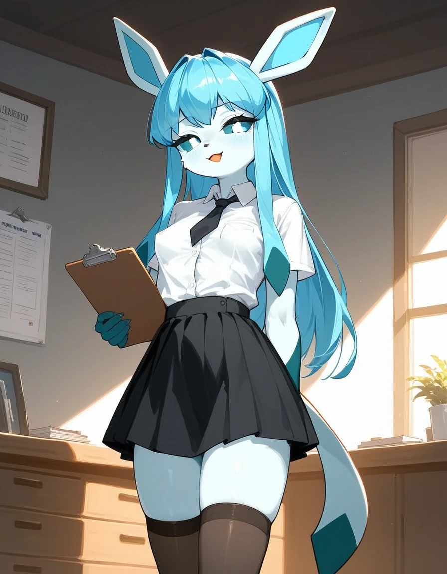 Solo, score_9,score_8_up,score_7_up, source_furry, an Anthro furry Glaceon female, blue sclera, white eyes, long hair,wearing white button up shirt, black skirt, thigh high socks, simplified background, looking bored, holding a single clipboard with both hands, standing, looking at viewer, open mouth smile, grey indoors background, Breasts exposed, Small breasts, Nipples