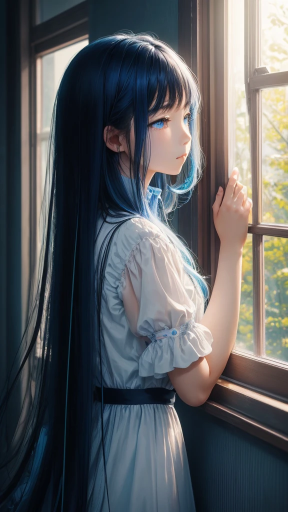 High resolution, One girl, Long Hair, The tips of the hair are blue、Looking up from the window、Back view、Black Hair、