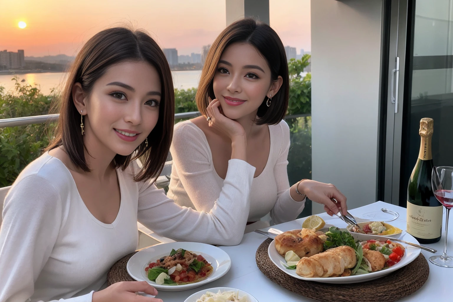 (Realistic:1.1),(masterpiece,Highest quality),8k,(40 years old), 42 years old, slimカップル、Model Couple、Actress/Actor、Tight waist,Upper Body,full-course dinner、wine 、Amazing view of the sunset sky and clouds、Perfect Anatomy, Brown Hair, Short Hair,Random Hairstyles,((Highly detailed face and eyes:1.2))(cute顔:1.4),Beautiful actress face,Perfect golden ratio face,Long sleeve shirt、dress,(smile:1.2)、Shortcuts、cute、(Realistic, Intricate details:1.2), A bright smile、short hair,Bright Face、赤wine 、Appetizers、Italian food、wine bottle、Champagne、スパークリングwine、(slimな顔), (The body is slim), (Brown Hair), (Shortcuts), Upper Body, 白wine, slim, wineグラス,