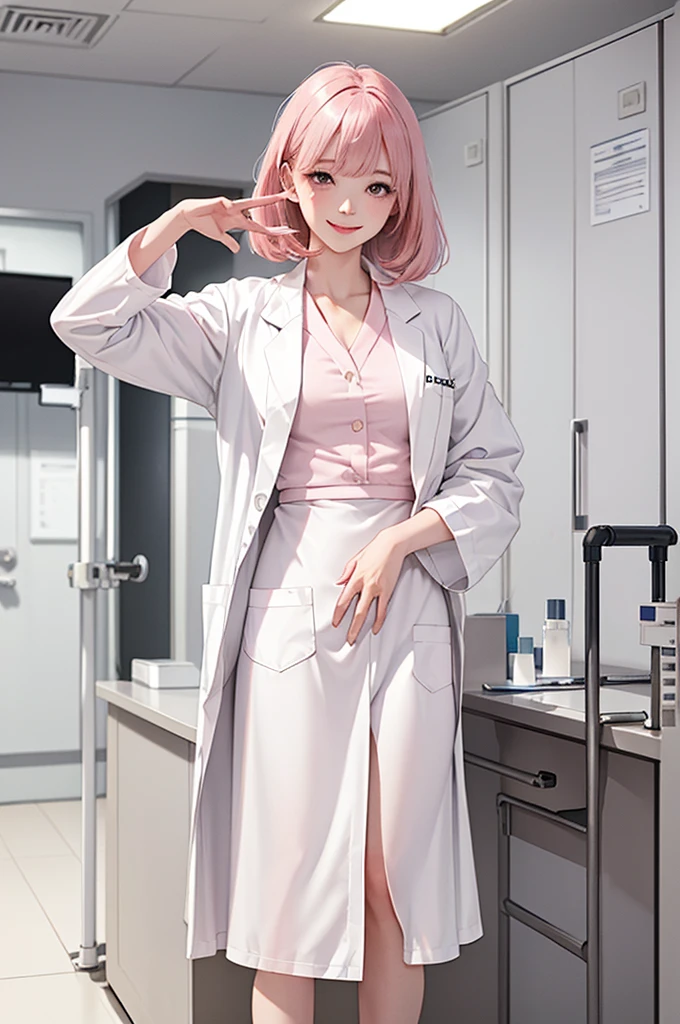 1 girl, solo, sitting (Looking at the audience), (white lab coat:1.5), long skirt ,Stylish clothes childish woman /(pink hair/) Bangs, smiling kindly (The best quality masterpiece:1.2) , Delicate illustrations, Special details, (hospital examination room) In the building, desk (X-ray image of the lungs:1.2) Detailed background