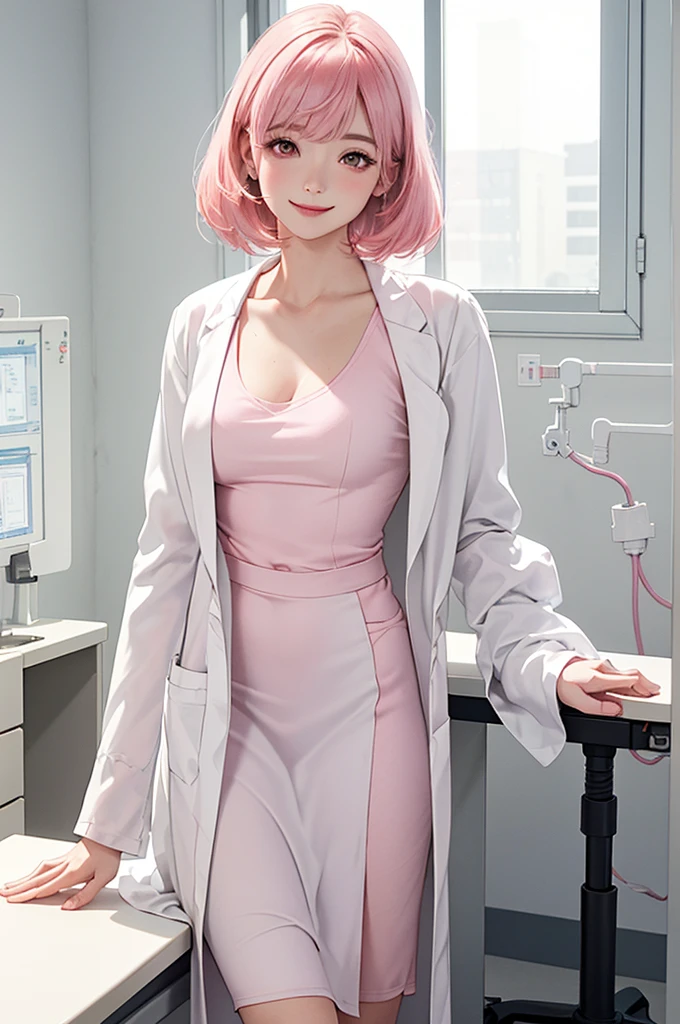 1 girl, solo, sitting (Looking at the audience), (white lab coat:1.5), long skirt ,Stylish clothes childish woman /(pink hair/) Bangs, smiling kindly (The best quality masterpiece:1.2) , Delicate illustrations, Special details, (hospital examination room) In the building, desk (X-ray image of the lungs:1.2) Detailed background