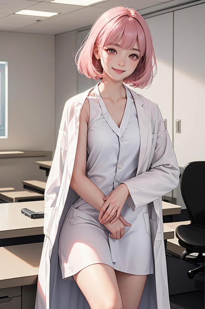 1 girl, solo, sitting (Looking at the audience), (white lab coat:1.5), long skirt ,Stylish clothes childish woman /(pink hair/) Bangs, smiling kindly (The best quality masterpiece:1.2) , Delicate illustrations, Special details, (hospital examination room) In the building, desk (X-ray image of the lungs:1.2) Detailed background