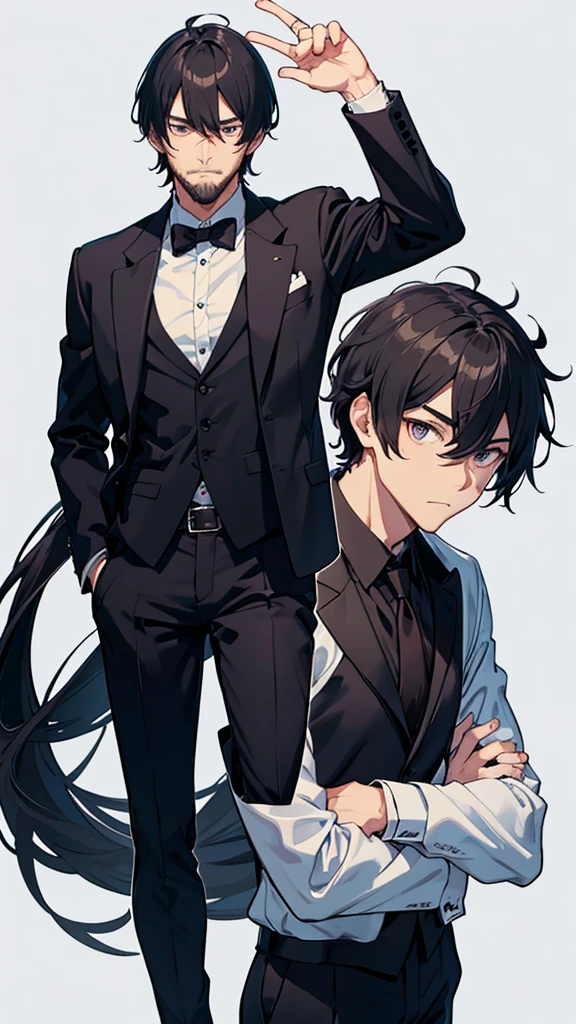 male、Old man、32 years old、less beard、Tired face、Glaring eyes、Long bangs parted、Shot from the thigh up、Are standing、looking at the camera、Black suit、Plain white background、Single、Japanese salaryman、Simple poses