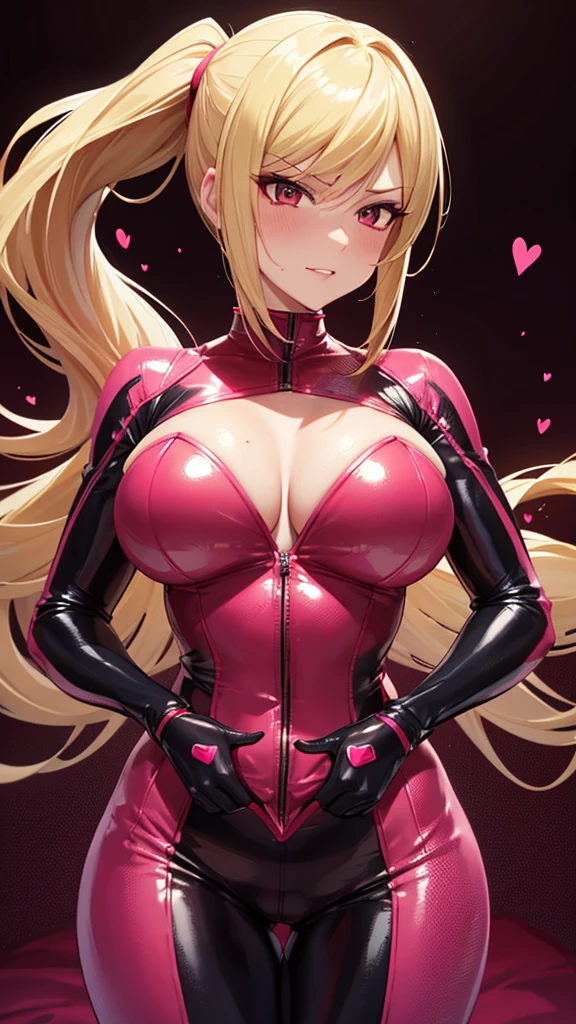 Erotic Samus Blonde ponytail, tall, busty, mature, married woman, pink sequins, female executive in rubber suit, red, black background, heart, bedroom, dark theme, evil, temptation, excitement, sneer, sexy pose, upper body emphasis, angle from below, bat wings, succubus