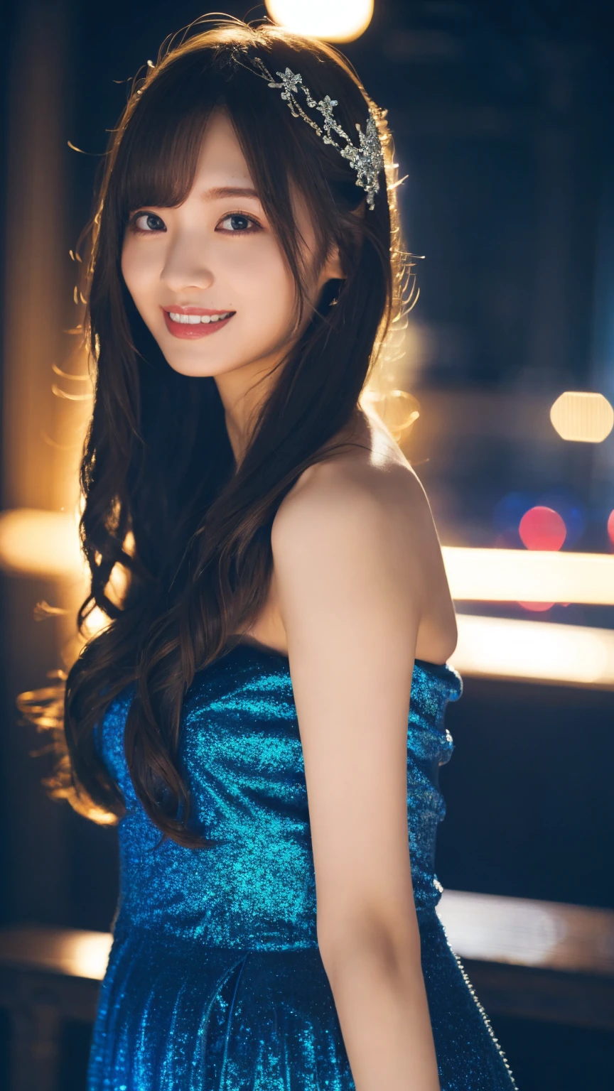 1girl,(wearing a blue glittery evening dress:1.2),(RAW photo, best quality), (realistic, photo-realistic:1.4), masterpiece, an extremely delicate and beautiful, extremely detailed, 2k wallpaper, Amazing, finely detail, extremely detailed CG unity 8k wallpaper, ultra-detailed, highres, soft light, beautiful detailed girl, extremely detailed eyes and face, beautiful detailed nose, beautiful detailed eyes,cinematic lighting,city lights at night,perfect anatomy,slender body,light smile,close up,(long hair with bangs), big breast