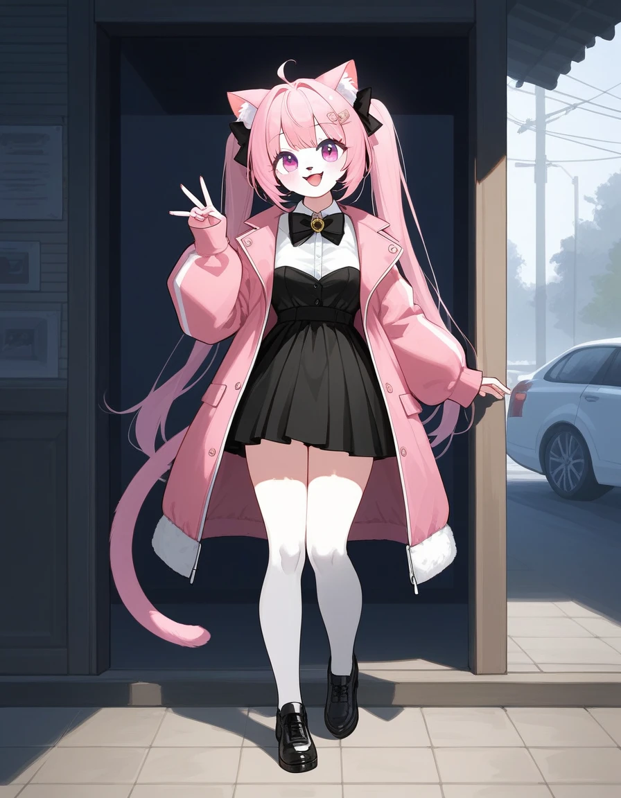 Solo, Female, a close up of a cat with a pink jacket and a bow tie, fursona wearing stylish clothes, oc commission, anthro cat, fullbody commission for, full body portrait of a short!, an anthro cat, commission for high res, female fursona, female furry mini cute style, fursona commission, catgirl, anime catgirl, fursona art
