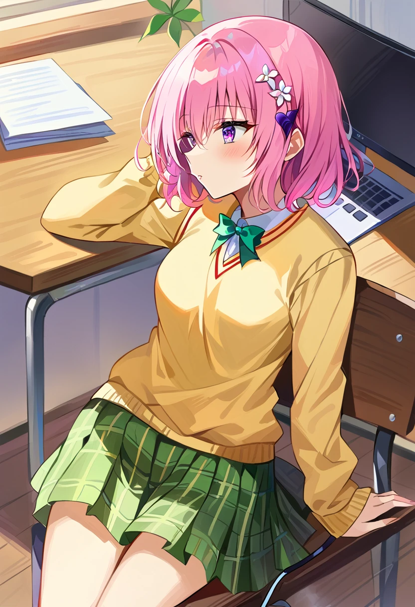 masterpiece, Highest quality, High resolution, One girl,  .Deviluke Type, demon tail, Hair Flower, hair ornaments, (Purple eyes:1.1), Pink Hair, short hair, tail, demon tail, green skirt, Plaid, Plaid skirt, Sainan High , , skirt, Sweater vest, Knee socks, (Yellow Sweater:1.3),  She is in lesson、Sleeping at the desk , School Scene