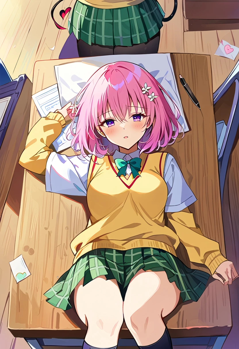 masterpiece, Highest quality, High resolution, One girl,  .Deviluke Type, demon tail, Hair Flower, hair ornaments, (Purple eyes:1.1), Pink Hair, short hair, tail, demon tail, green skirt, Plaid, Plaid skirt, Sainan High , , skirt, Sweater vest, Knee socks, (Yellow Sweater:1.3),  She is in lesson、Sleeping at the desk , School Scene