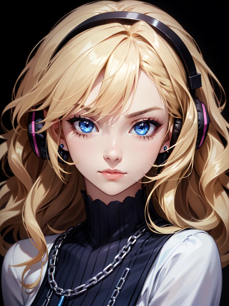 (((Portrait Photo))), She has a Strong, Youthful 18-Year-Old Appearance, with a Slim, Athletic Build, and an Austere Demeanor. She has Short, Wavy Blonde Hair, Styled in a Chic, Loose Bob, with Strands Falling Over Her Face. Her Striking Blue Eyes Sparkle with Elegance, Giving Off a Calm and Friendly Attitude. She Wears a Black, Fitted Outfit with Chains and Belts as Accessories, and Large Headphones on Her Ears. (((High Quality, Dark Background))), (((Portrait Photo)))