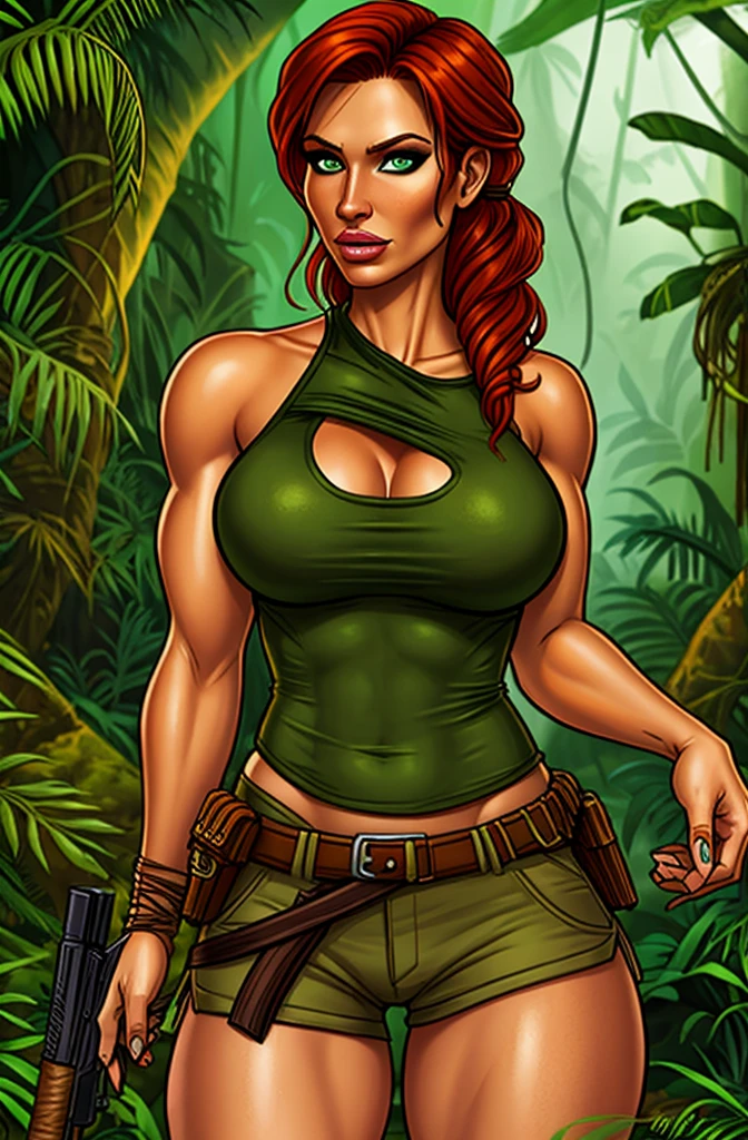 Jennifer Korbin, ginger hair, cosplaying lara croft, tan shorts, green top, jungle temple,