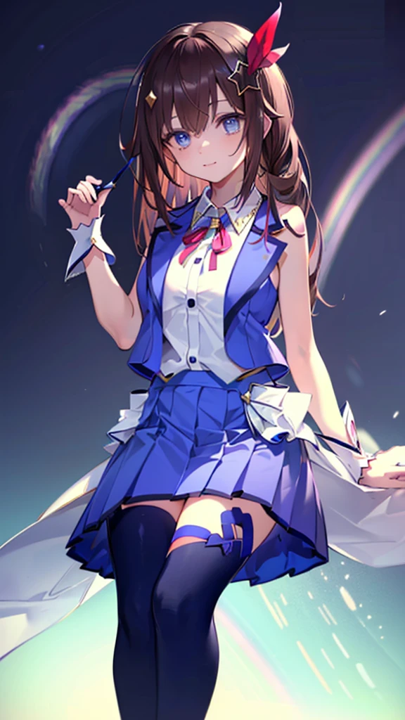 (Ultra-high resolution,masterpiece, Attention to detail, Highest quality), 8k,(ts1, white shirt, Blue vest, sleeveless, blue thighhighs, blue skirt, wrist cuffs, neck ribbon),(Blessed,Captivating body、Ultra-detailed skin、Super beautiful eyes、Detailed Background),One girl、 (enjoy :1.5),(blue clear sky, buzzer,outdoor),(rainbow background:1.5)