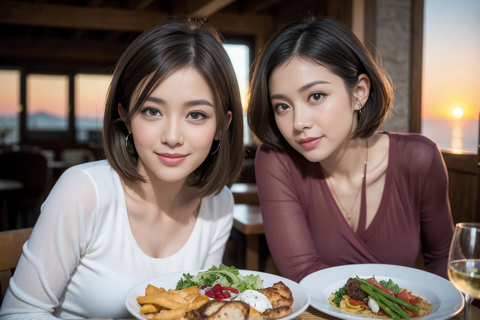(Realistic:1.1),(masterpiece,Highest quality),8k,(37 years old), 42 years old, slimカップル、Model Couple、Actress/Actor、Tight waist,Upper Body,full-course dinner、wine 、Amazing view of the sunset sky and clouds、Perfect Anatomy, Brown Hair, Short Hair,Random Hairstyles,((Highly detailed face and eyes:1.2))(cute顔:1.4),Beautiful actress face,Perfect golden ratio face,Long sleeve shirt、dress,(smile:1.2)、Shortcuts、cute、(Realistic, Intricate details:1.2), A bright smile、short hair,Bright Face、赤wine 、Appetizers、Italian food、wine bottle、Champagne、スパークリングwine、(slimな顔), (The body is slim), (Brown Hair), (Shortcuts), Upper Body, 白wine, slim, wineグラス,