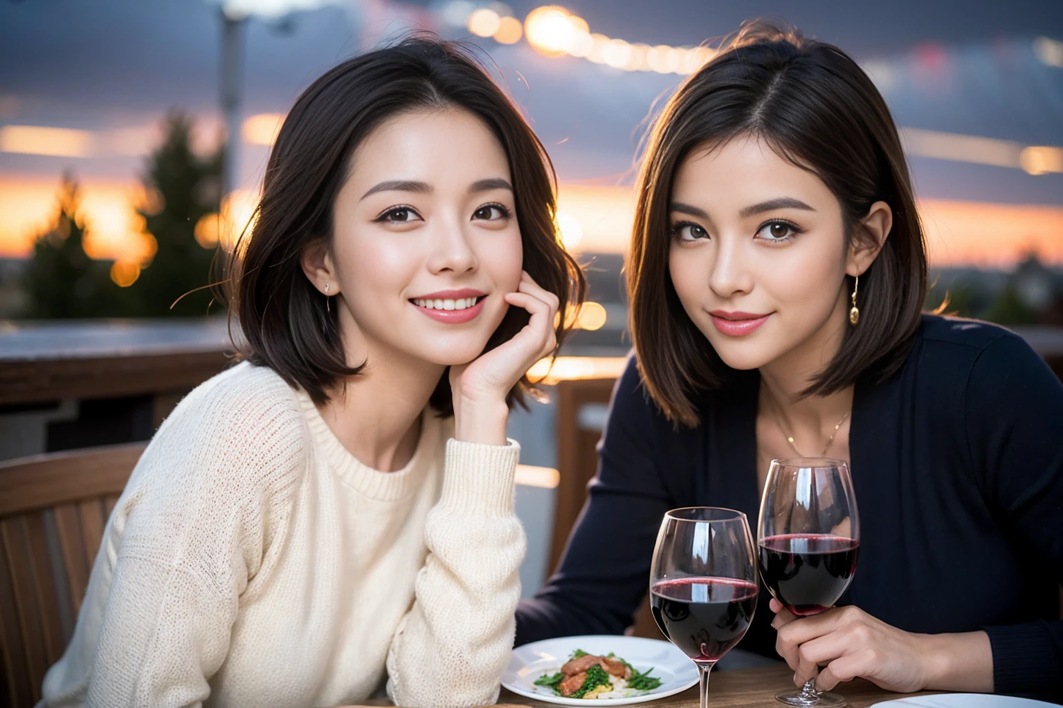 （Realistic:1.1）,(masterpiece,Highest quality)，8k,(37 years old), 42 years old, slimカップル、Model Couple、Actress/Actor、Tight waist,Upper Body,full-course dinner、wine 、Amazing view of the sunset sky and clouds、Perfect Anatomy, Brown Hair, Short Hair,Random Hairstyles,((Highly detailed face and eyes:1.2))(cute顔:1.4)，Beautiful actress face，Perfect golden ratio face，Long sleeve shirt、dress,(smile:1.2)、Shortcuts、cute、(Realistic, Intricate details:1.2), A bright smile、short hair,Bright Face、赤wine 、Appetizers、Italian food、wine bottle、Champagne、スパークリングwine、(slimな顔), (The body is slim), (Brown Hair), (Shortcuts),  Upper Body, 白wine, slim, wineグラス, 