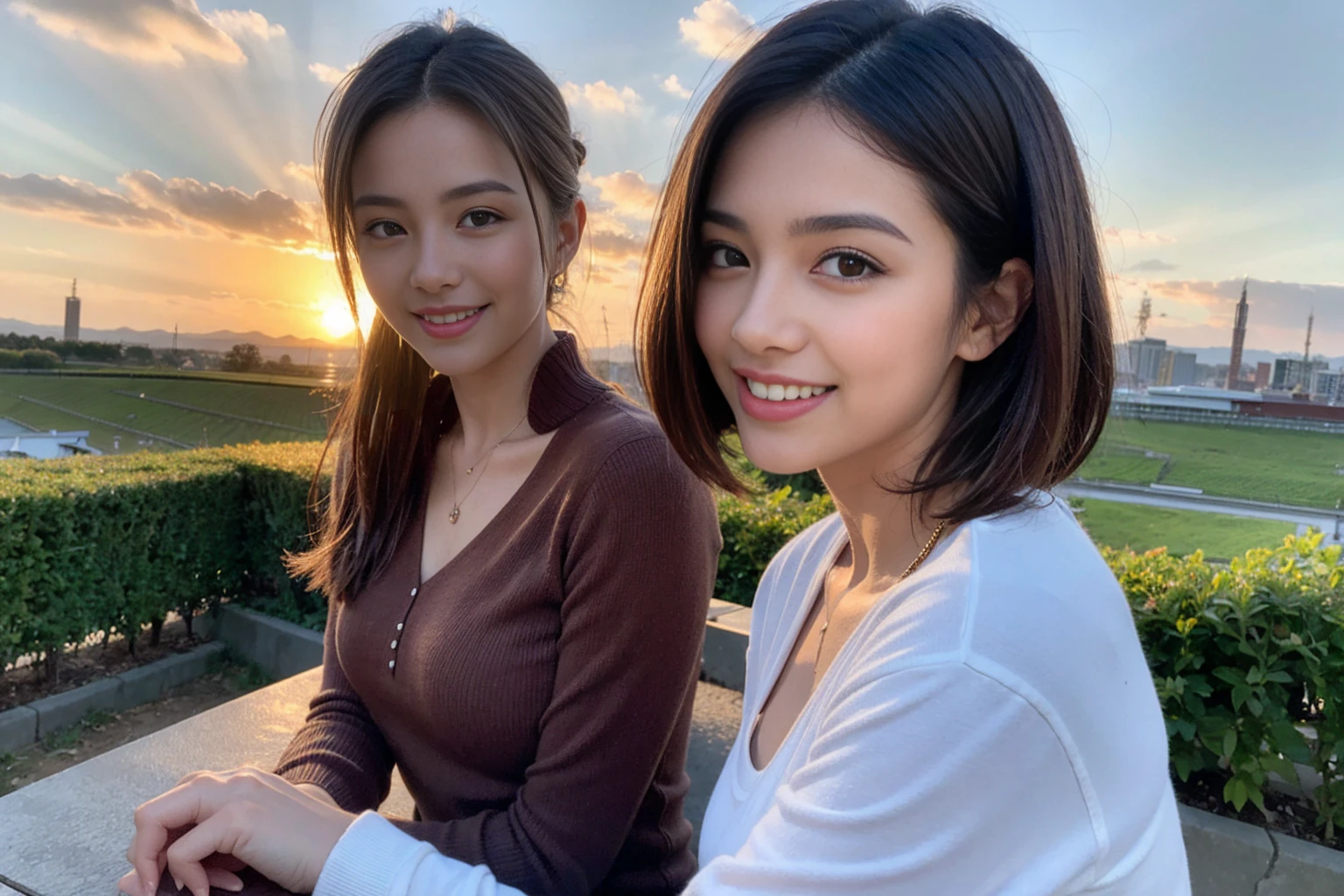 (Realistic:1.1),(masterpiece,Highest quality),8k,(37 years old), 42 years old, slimカップル、Model Couple、Actress/Actor、Tight waist,Upper Body,full-course dinner、wine 、Amazing view of the sunset sky and clouds、Perfect Anatomy, Brown Hair, Short Hair,Random Hairstyles,((Highly detailed face and eyes:1.2))(cute顔:1.4),Beautiful actress face,Perfect golden ratio face,Long sleeve shirt、dress,(smile:1.2)、Shortcuts、cute、(Realistic, Intricate details:1.2), A bright smile、short hair,Bright Face、赤wine 、Appetizers、Italian food、wine bottle、Champagne、スパークリングwine、(slimな顔), (The body is slim), (Brown Hair), (Shortcuts), Upper Body, 白wine, slim, wineグラス,