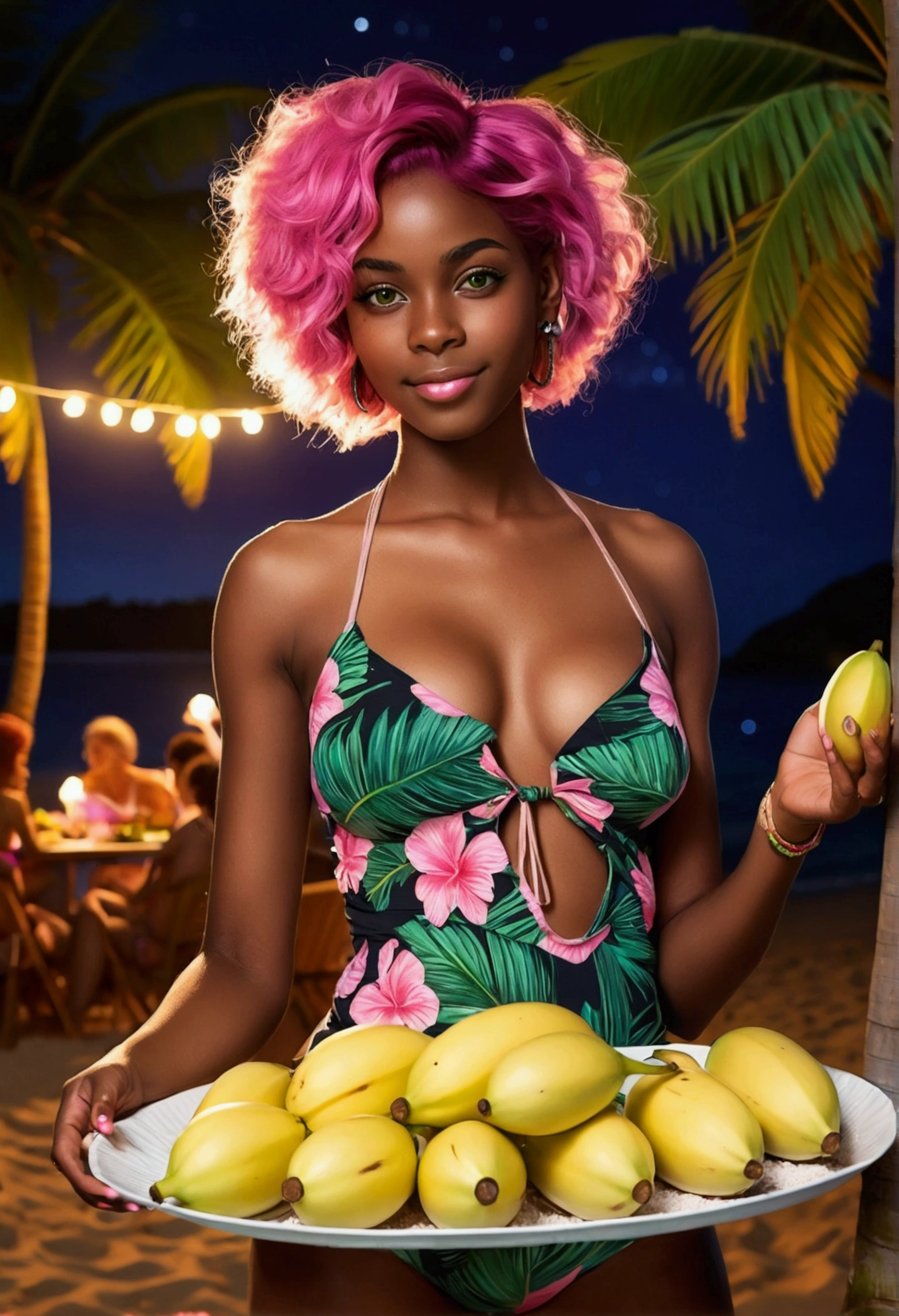 ,dark skin, shiny skin,((Artwork, high quality)), (black girl), (pink hair), (green eyes), (wearing a beach outfit), (at a large party at night), (with tropical lights on the beach), (coconut tree in the background), (holding a tray with small eggplants and small bananas).






