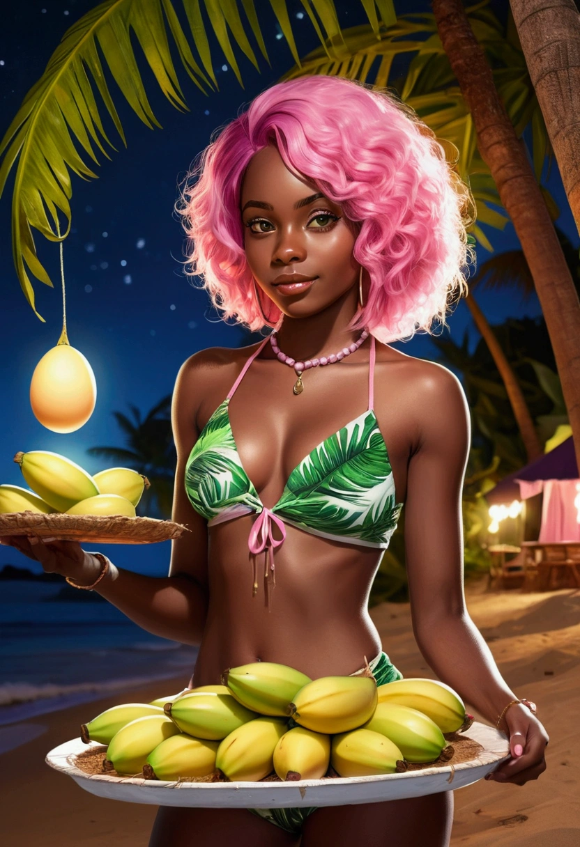 ,dark skin, shiny skin,((Artwork, high quality)), (black girl), (pink hair), (green eyes), (wearing a beach outfit), (at a large party at night), (with tropical lights on the beach), (coconut tree in the background), (holding a tray with small eggplants and small bananas).






