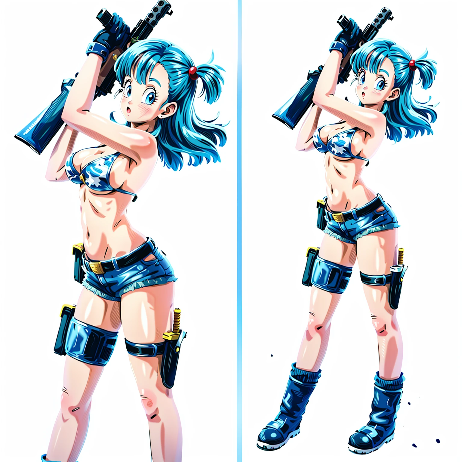 1girl, 独奏, gun, weapon, shorts, swimsuit, bulma, holster, boots, 比基尼, blue hair, gloves, breasts, blue eyes, one side up, 比基尼 top only, denim shorts, thigh holster, blue shorts, denim, short shorts, cleavage, navel, medium breasts, handgun, full body, long hair, midriff, belt, thigh strap,Red Hair
